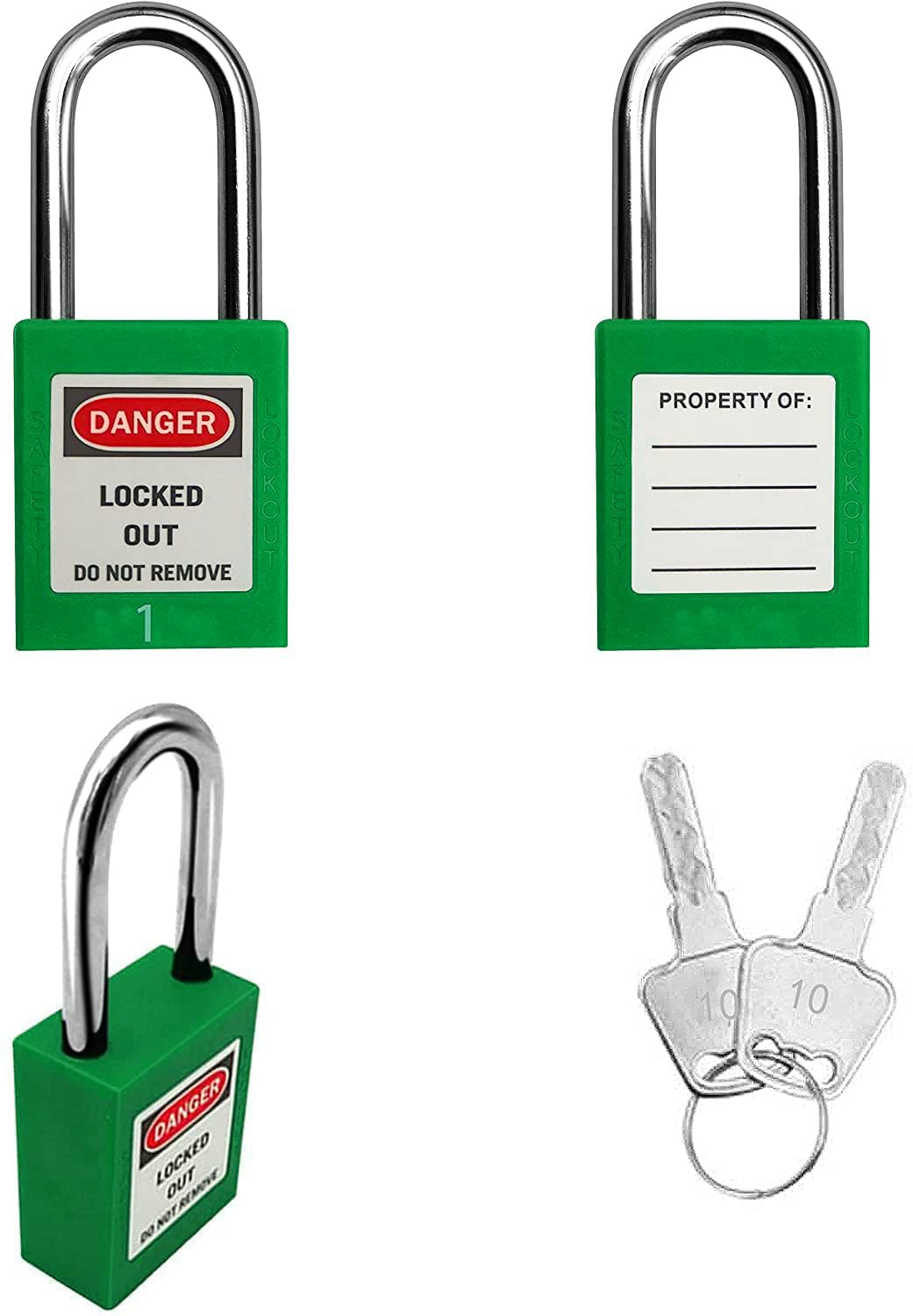 SAFBY 50 cerraduras de bloqueo diferentes con llave con 50 etiquetas de bloqueo – Candados Loto Safe para bloquear estaciones y dispositivos (1-50 verde)