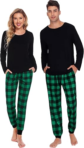 SWOMOG Conjunto de pijama a cuadros para parejas, pijamas de Navidad a juego, pijamas a cuadros, pijamas de manga larga y ropa de descanso