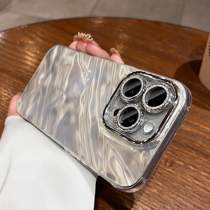 Image of COVERLY for iPhone 12 Pro Hot Diamond Ring Lens Film Camera Protection Phone Case, Luxury 3D Laser Cut Water Ripple Mirror Gradient Glitter Colorful Hard Mobile Cover for Apple iPhone 12 Pro (Silver)