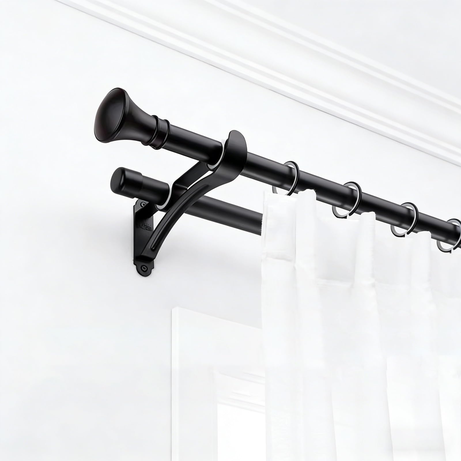 HeavyDuty podwójny karnisz, 28 mm, stop aluminium z dekoracyjnymi końcówkami, obsługuje 49 kg, idealny do dzielenia pokoju, salonu i sypialni, czarny, 190 cm