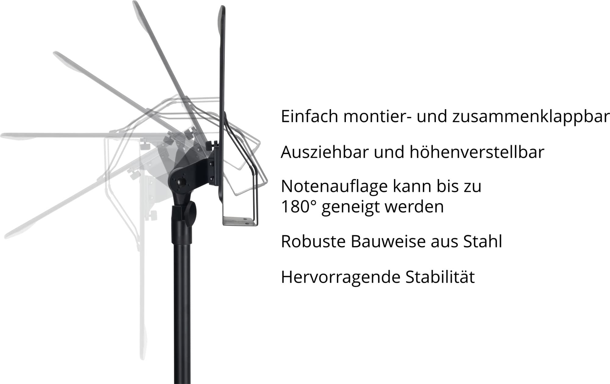 Pronomic OS-01P Orchesterpult Lochblech Ständer (Notenständer mit Notenklemmen, Abnehmbare Ablage, 2 Federklemmen, ausziehbar von 69 cm bis 115 cm) schwarz