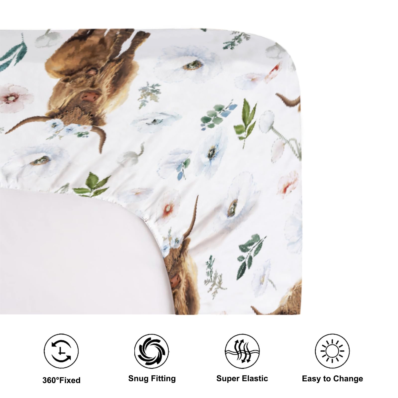 Baby-Spannbettlaken 132 X 71 Cm – Highland Cows Boho Design, Weich & Dehnbar, Fürs Kinderbett
