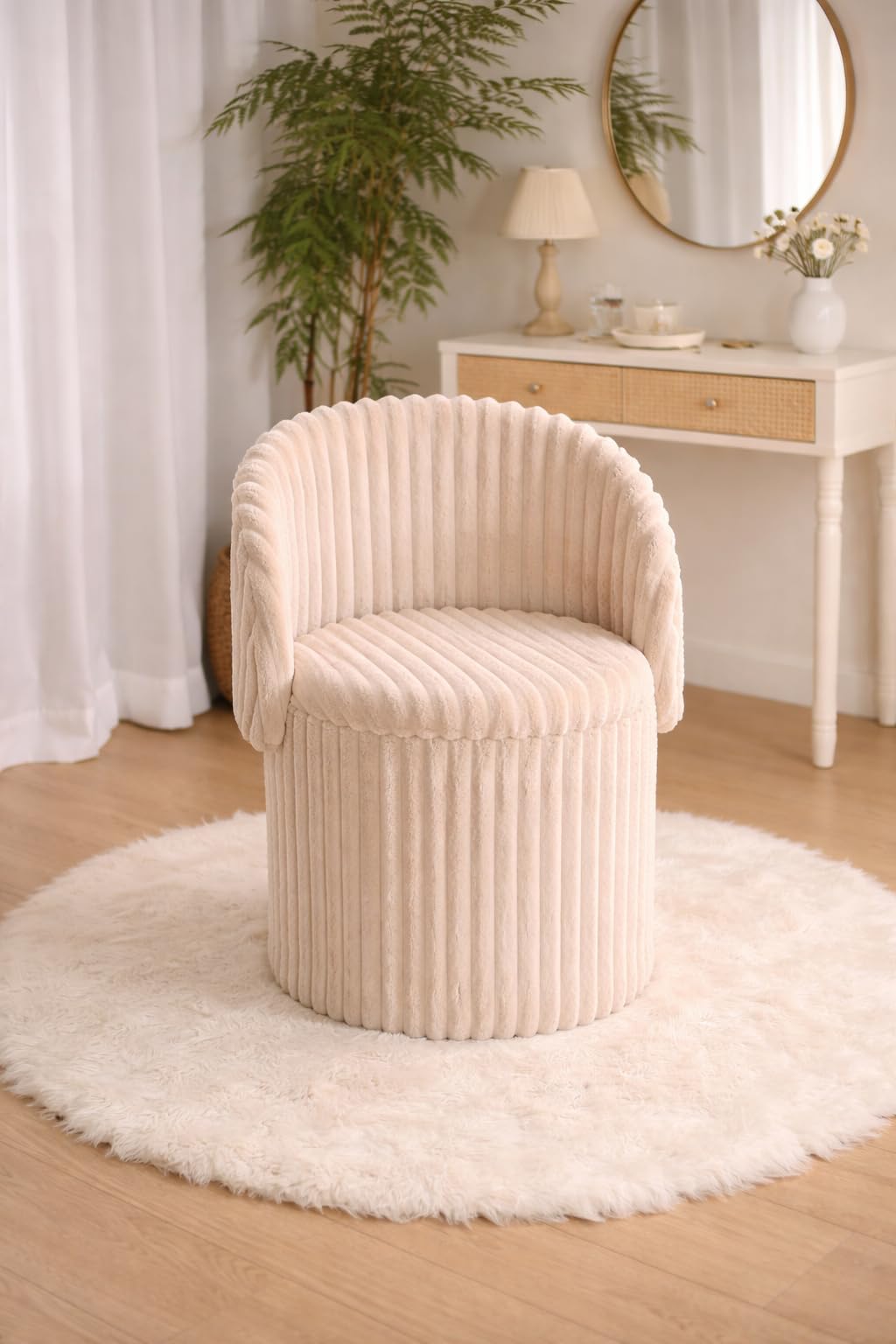 BLOOM BLENDS Teddy Boucle Tub Chair With Hidden Storage, Round Vanity Seat With Curved Back and Lift-Off Lid, Wooden Frame, 150kg, 46 x 62 cm (Ribbed Mink)