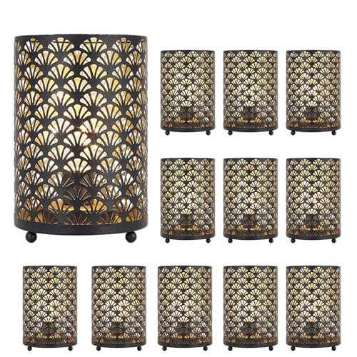 TRIROCKS Set of 12 Table Lamp 6.5'' Tall Metal Cordless Table Lamp Bronze Lanterns with Warm Fairy Lights Bulb for Patio Garden Wedding Parties Indoor Outdoor(Scalloped Hollow Pattern)