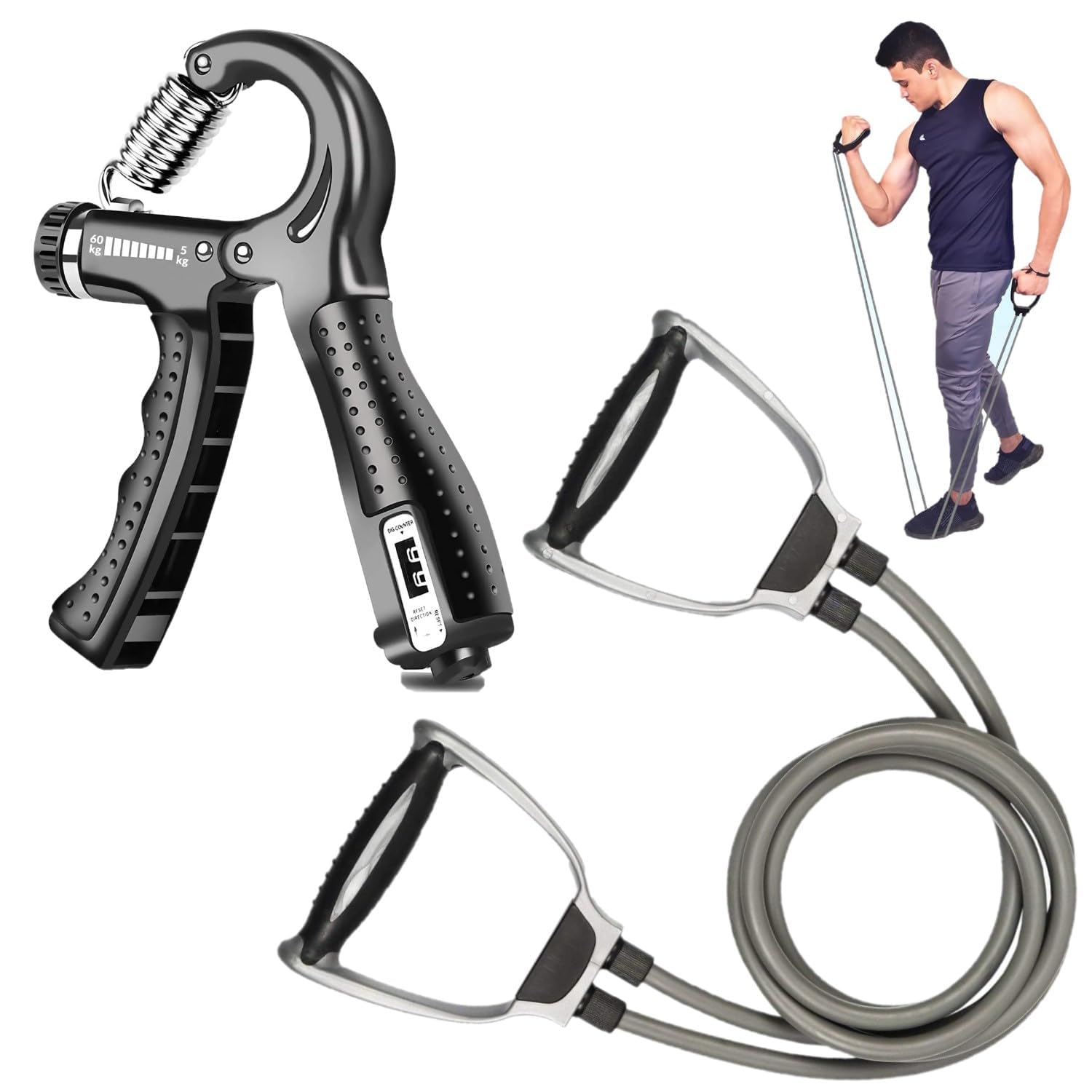 SUREFIT Hand Grip Strengthener with Counter (R-Shape) & Toning Tube Resistance Band | Core Strength, Waist Toning, Full-Body Fitness Equipment | Forearm, Wrist, & Grip Strengthener