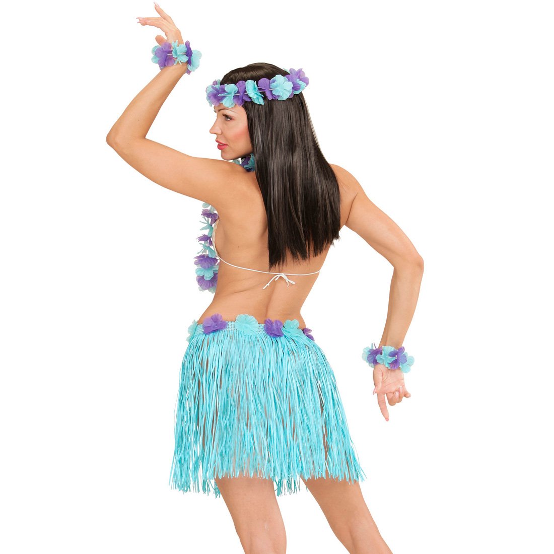 Foxxeo Hawaii Set für Kinder 5 Teile türkis Hula Blumen Kette Party Bast Rock Strand