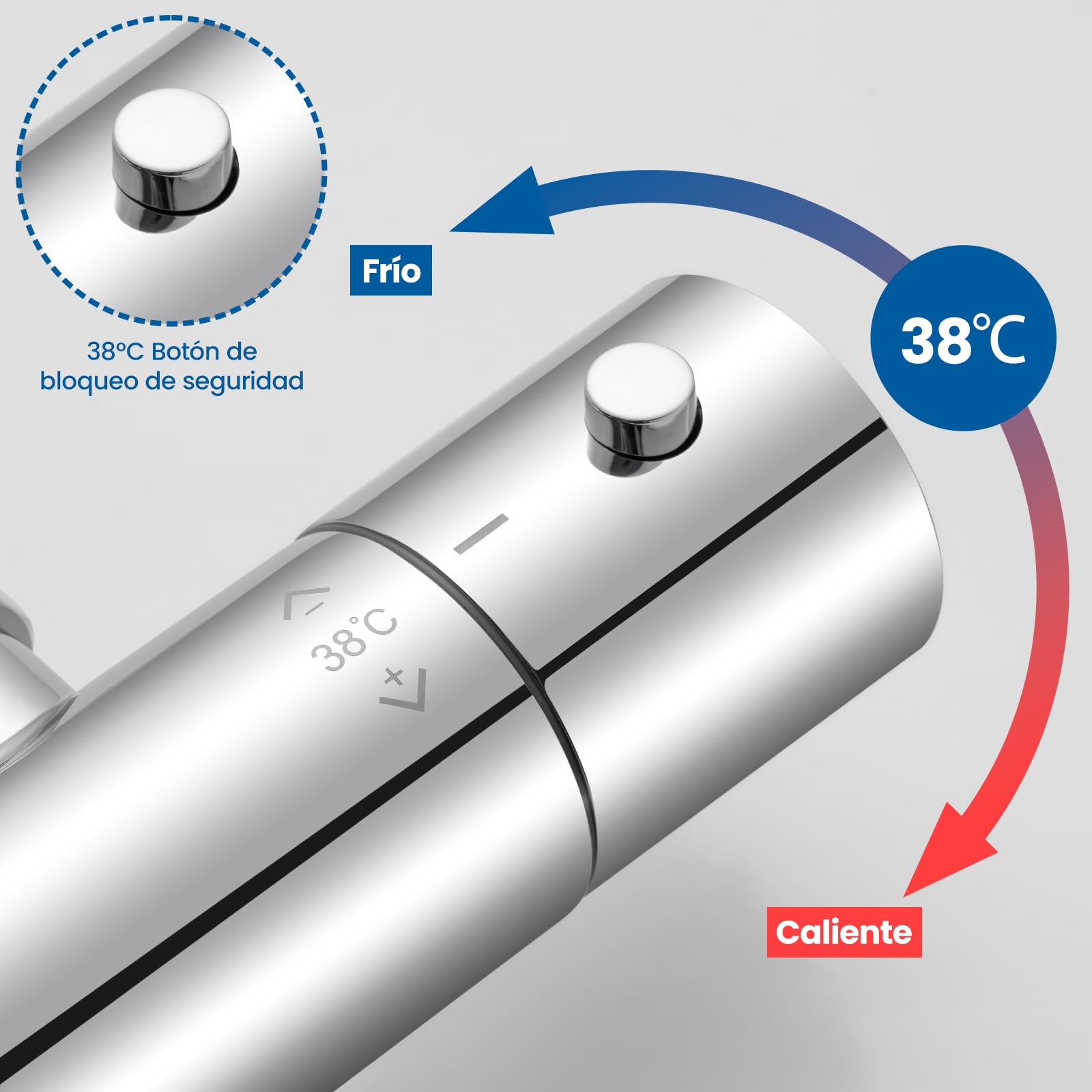 Auralum Grifo de Ducha Termostático con Bloqueo de Seguridad 38°C, Mezclador Antical y Protección Antiquemaduras, Cartucho Termostático, Cromo