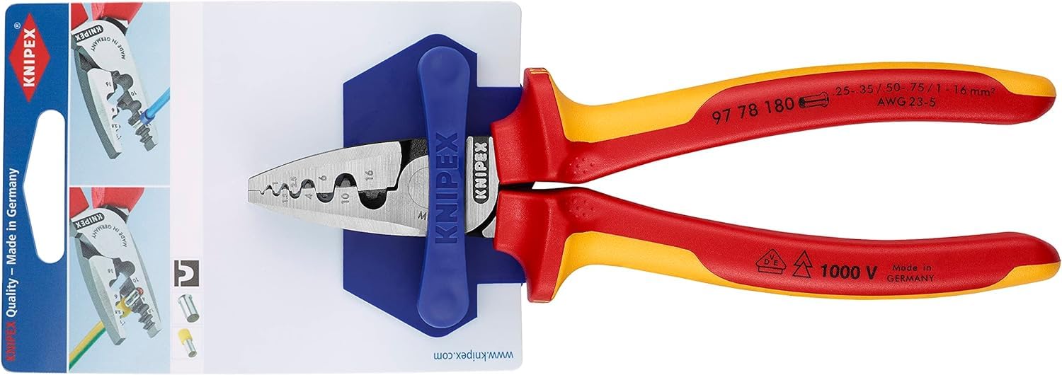 KNIPEX Szczypce do zagniatania tulejek kablowych w opakowaniu z zawieszką z wielokomponentowymi osłonkami, izolowane wg VDE 180 mm, 97 78 180 SB