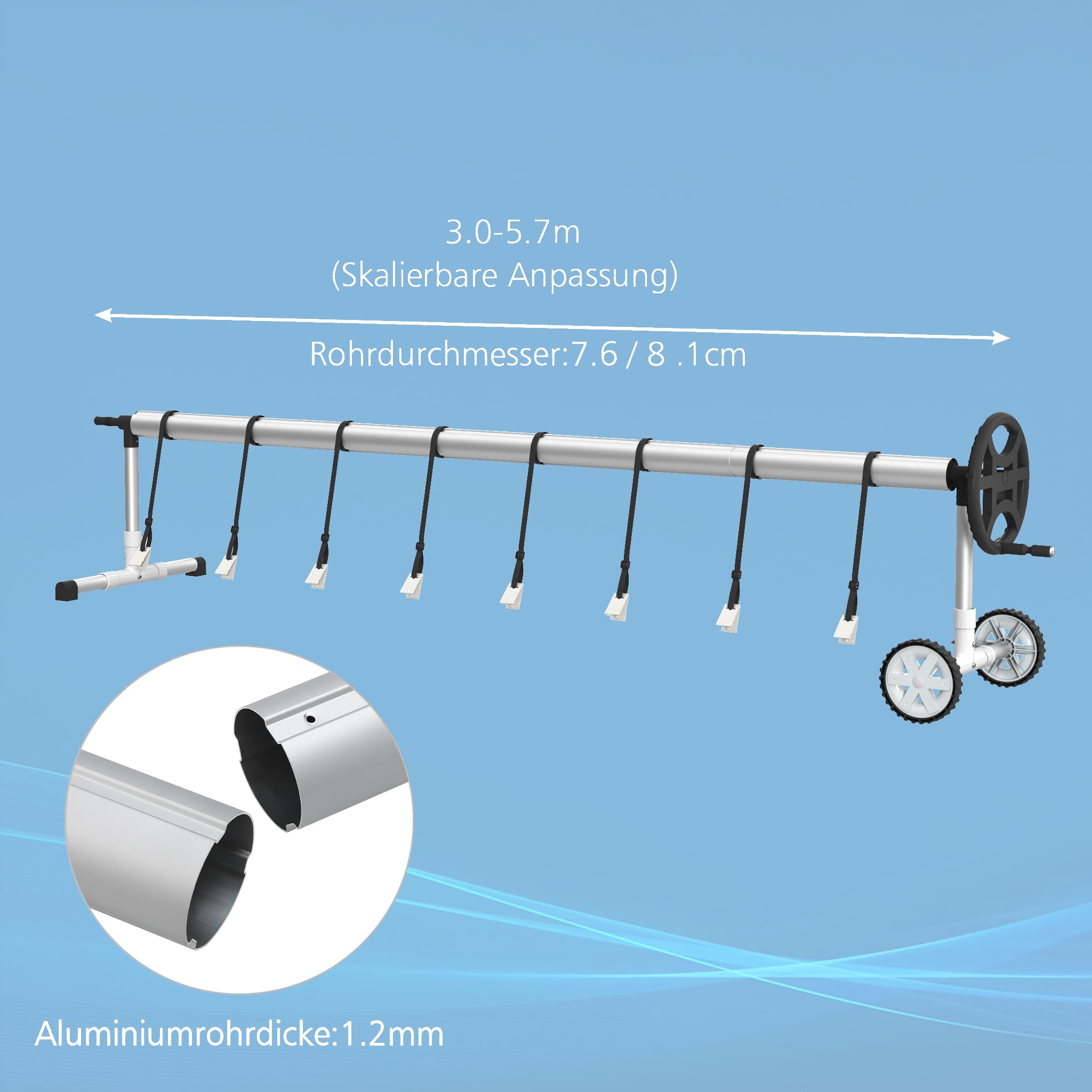 UISEBRT Pool Aufroller Mobiles Poolfolienaufroller 3m - 5,70m für Poolplane, Aufrollvorrichtung mit Befestigungsbändern & Rädern