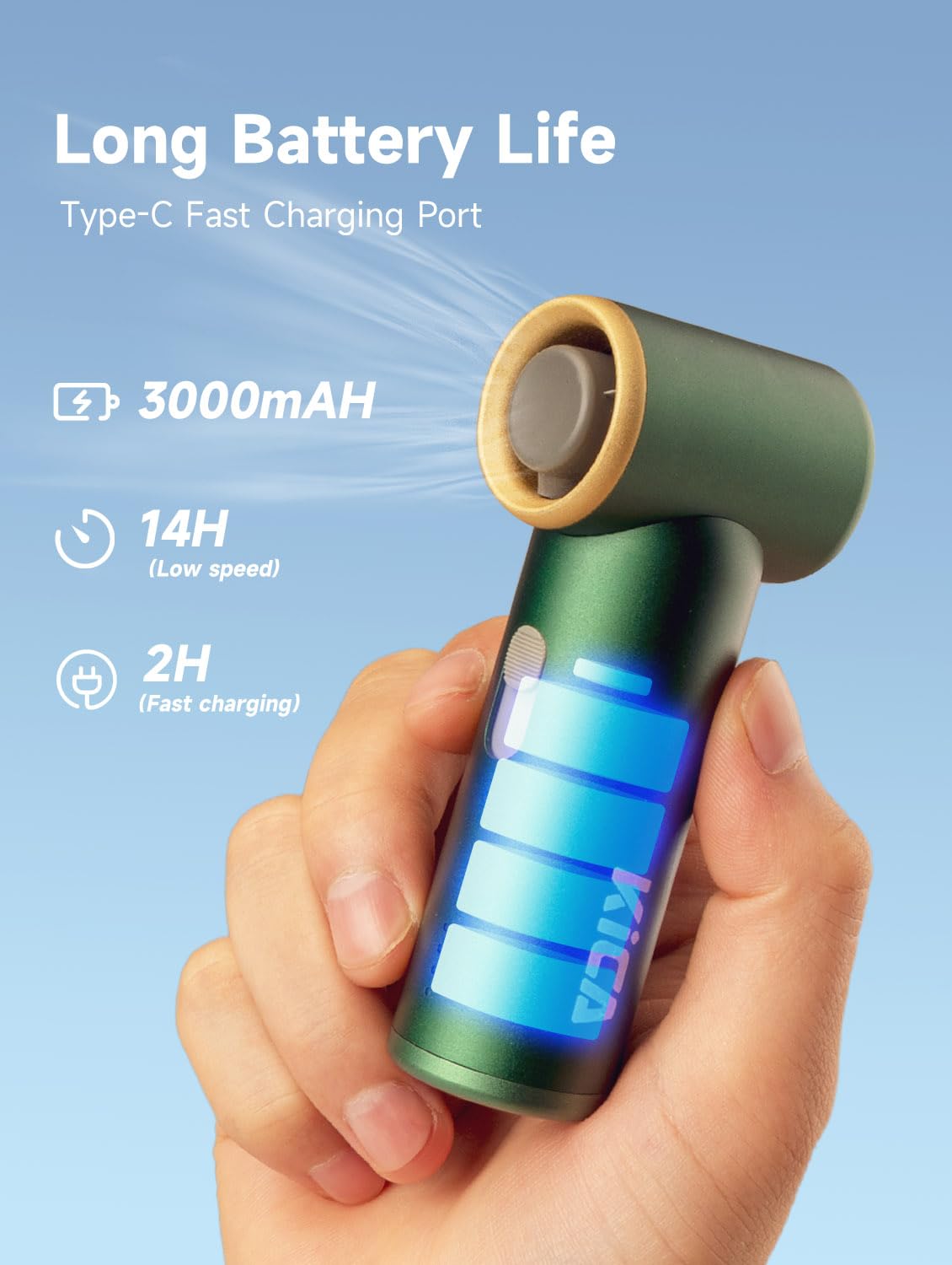Kica Jetfan Mini Ventilatore Portatile,Ventilatore Silenzioso Ricaricabile Tramite USB,Ventilatore 3000mAh batteria,Velocità regolabile liberamente,Scocca in metallo,per Ufficio/Viaggio,Verde