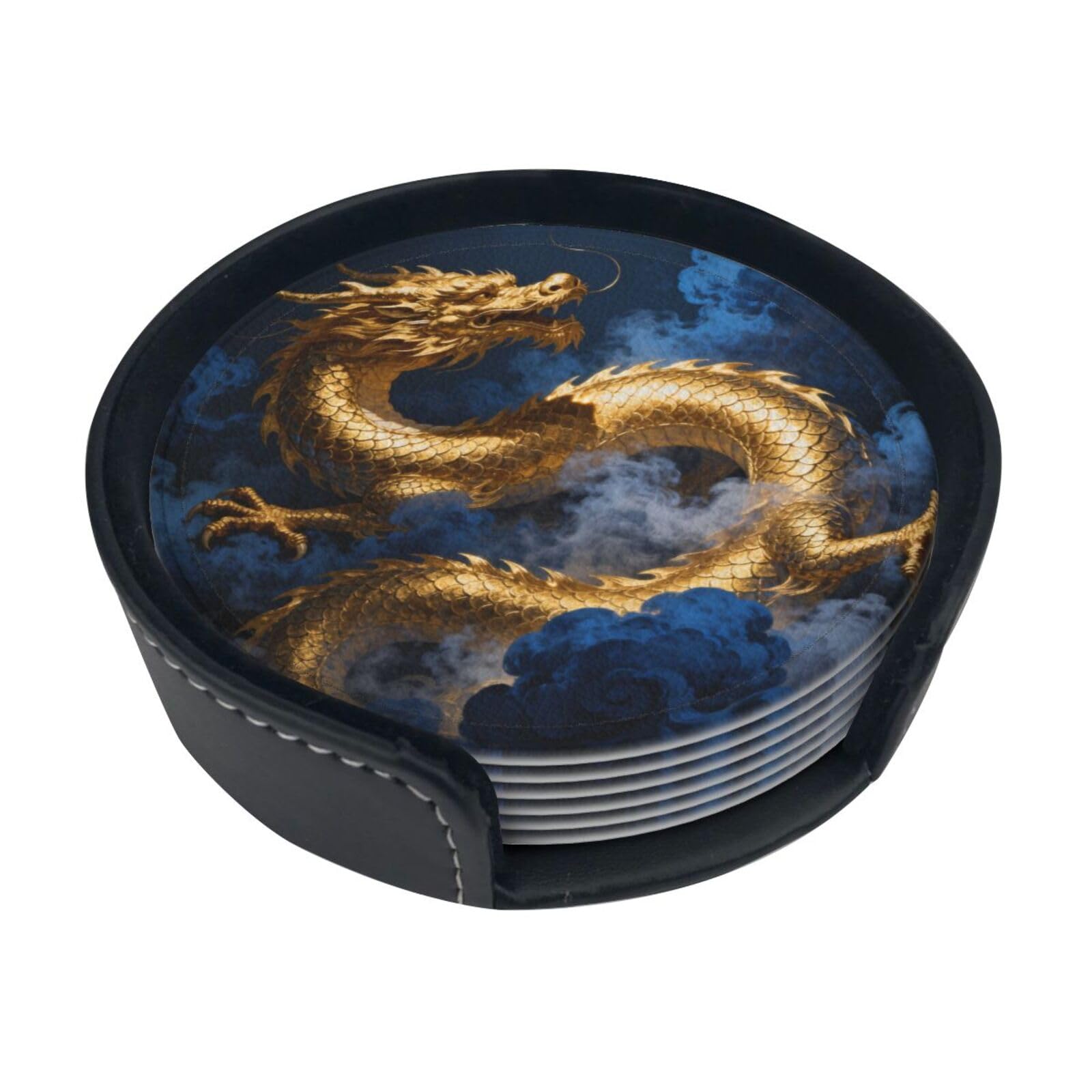 Cntdbu White Dragon Cloud Soar Leather Coasters Set Of 6-Pu Leather Drink Mats For Table, Heat Resistant Round Coasters With Holder