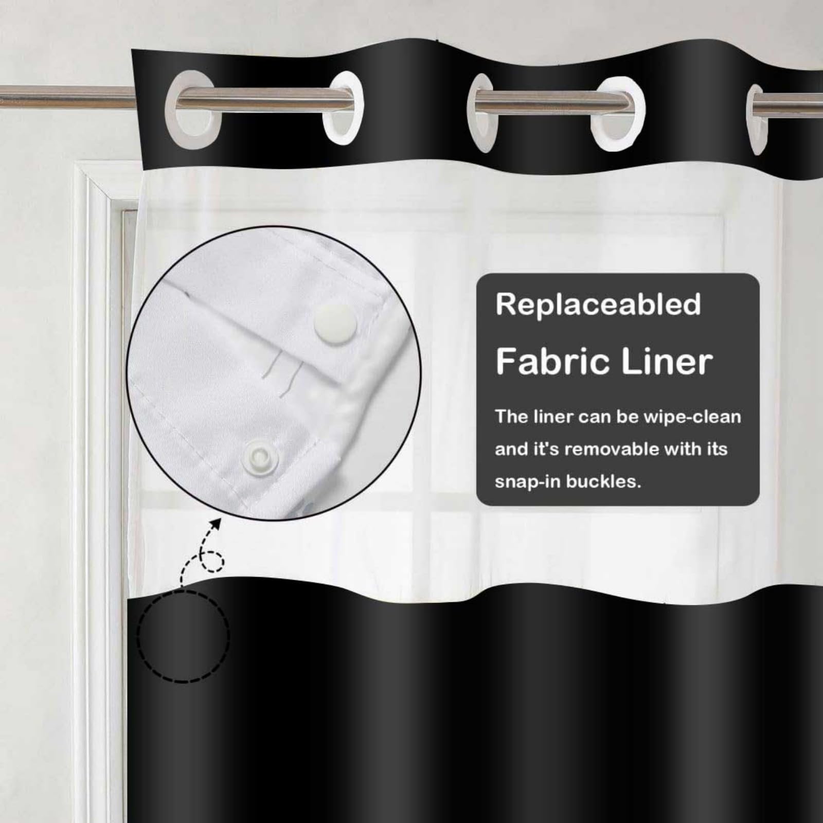 Cortina de ducha negra sin gancho con forro a presión, diseño moderno estilo hotel con ventana superior transparente, cortina de baño de doble capa, resistente al agua, lavable a máquina, 54 x