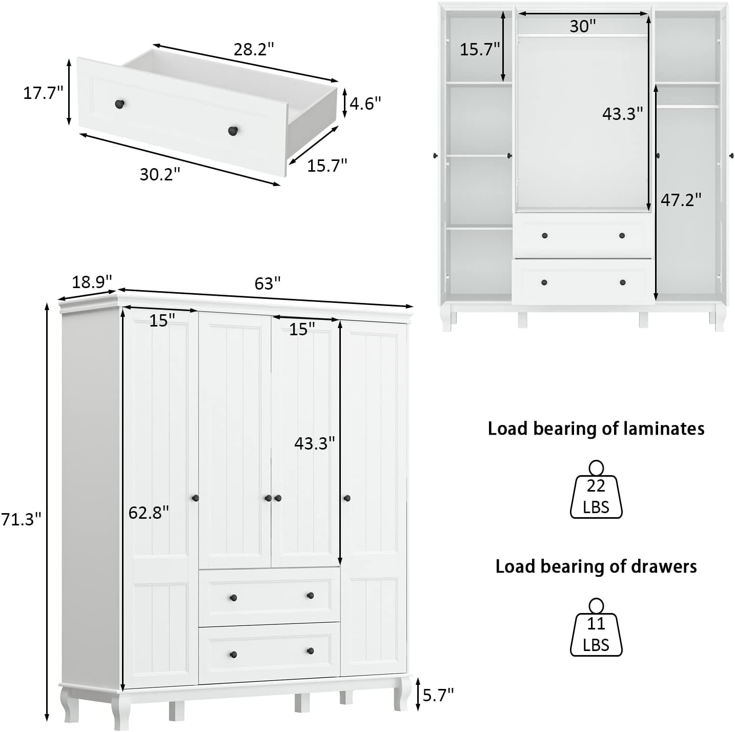 Hitow 4 Door Wardrobe Armoire Cabinet with 2 Drawers, Freestanding Wardrobe Closet with Storage Shelves & 2 Hanging Rod, Bedroom Armoire Clothing Organizer, White (63" W x 18.9" D x 71.3" H)