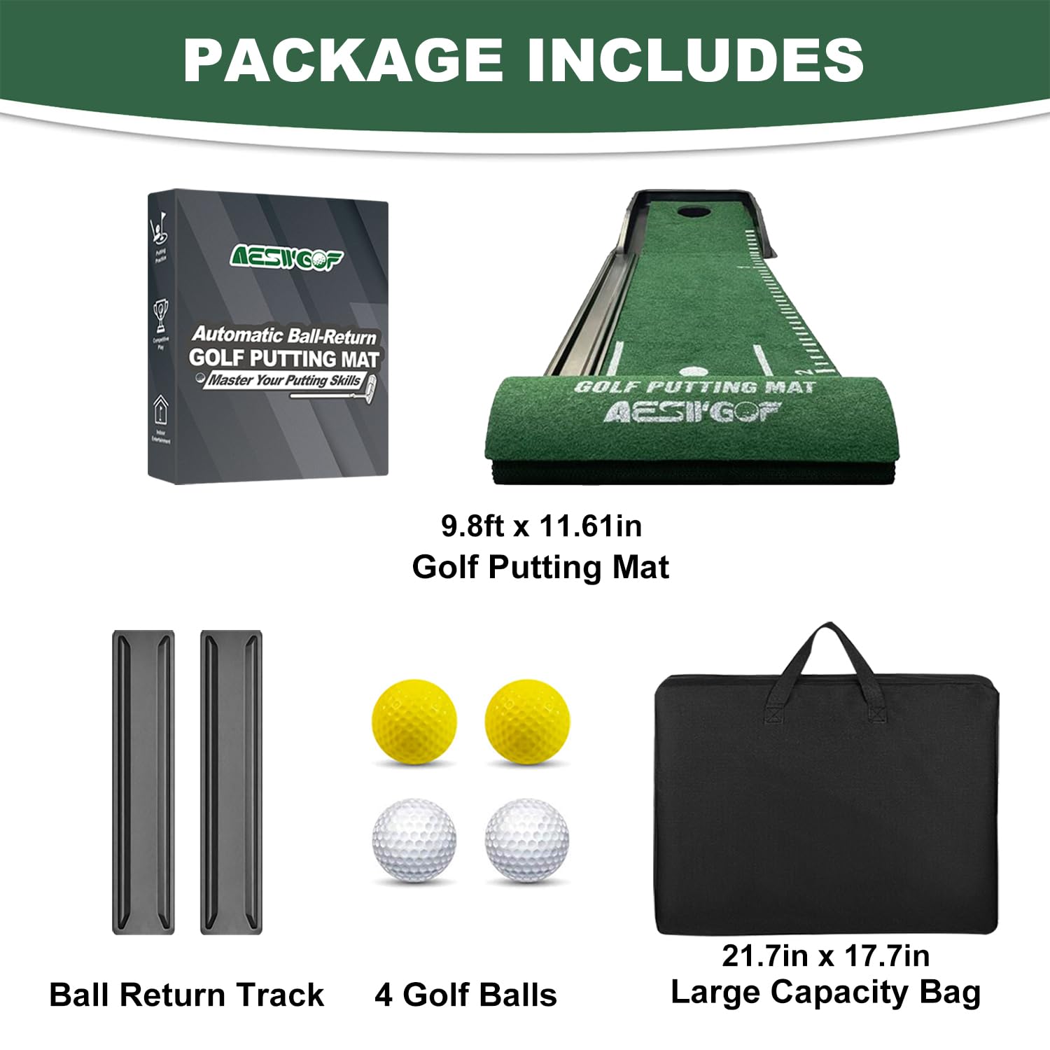 Golf Putting Mat Set mit Putting Green & 4 Golfbällen - 3.0 m Trainingshilfe Matte mit Ballrücklauf für Indoor & Hinterhof Übung - Tolles Geschenk für Golfer und Anfänger