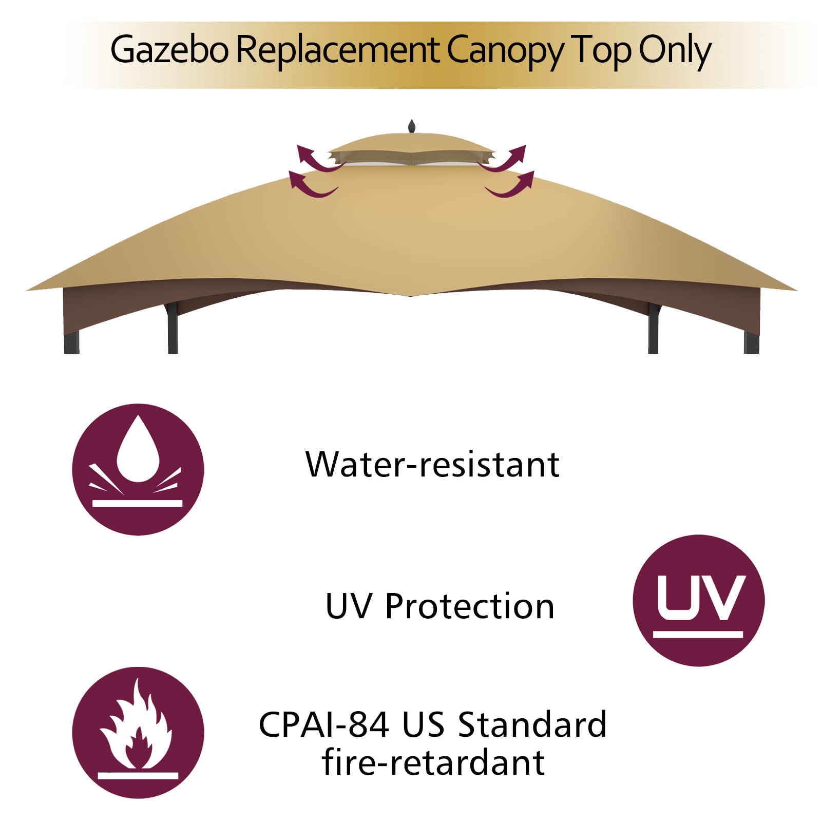 Tumjay 10'x12' Gazebo Canopy Replacement Outdoor Gazebo Cover Heavy Duty Gazebo Top Air Vent Canopy Cover for Lowe's Allen Roth#GF-12S004B-1(Khaki)