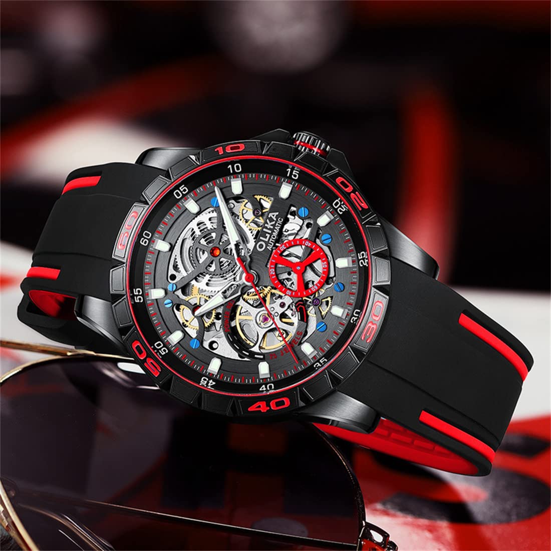Mode Skelett Wasserdicht Leuchtend Mechanische Uhr, Herren Automatik Mechanische Sport Uhren,Black case red