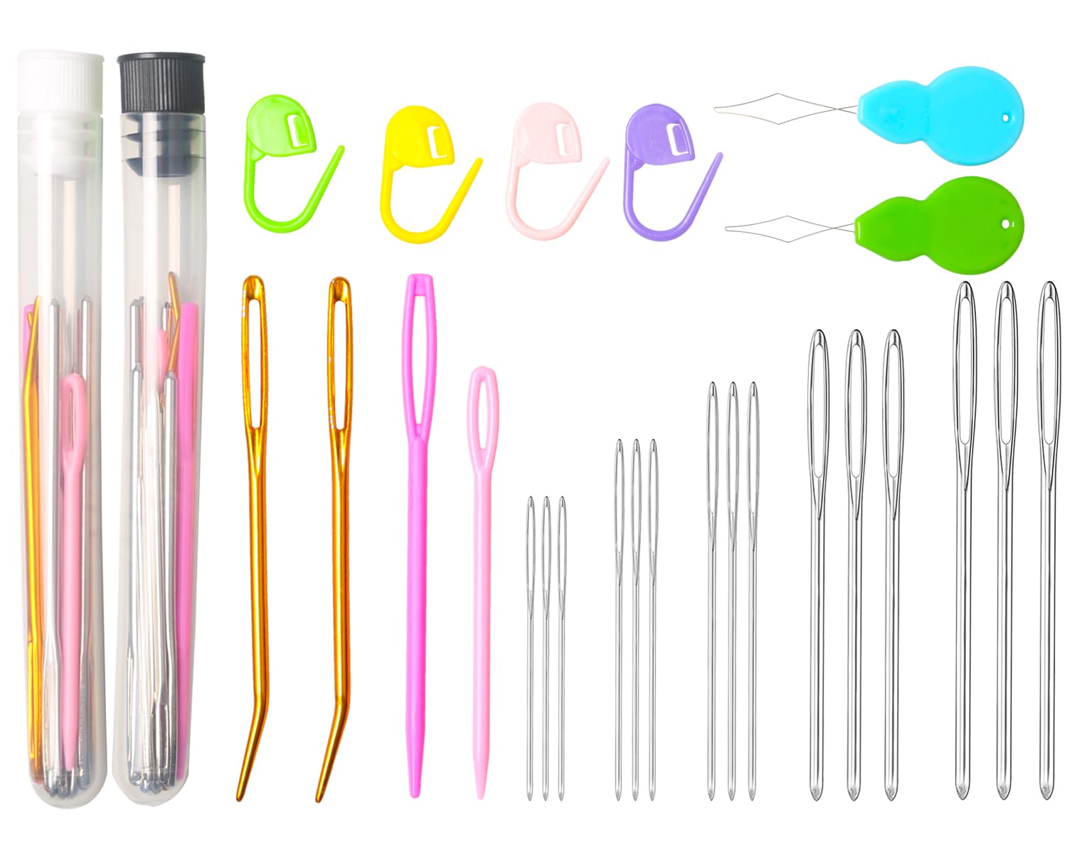 Hekisn 45Pcs Large Eye Blunt Yarn Needles Kit, Assorted Sizes Bent Tapestry Darning Needle, Sewing With Threaders &amp; Stitch Markers for Knitting Crochet (White&amp;Black)