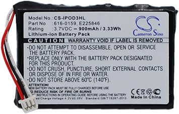 VI VINTRONS 900mAh Battery for iPod 3th Generation, iPod 20GB M9244LL/A