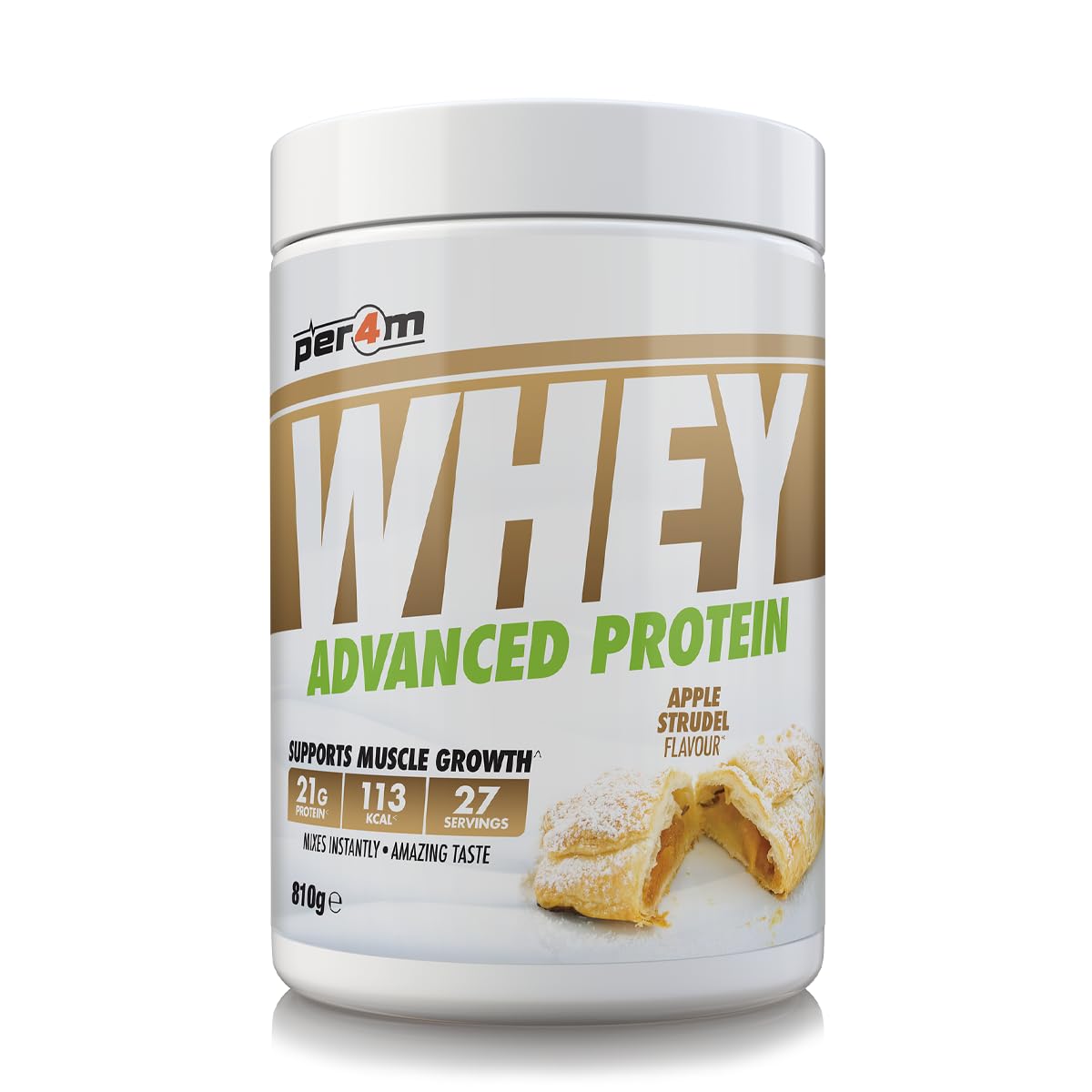 Per4m Whey Protein Powder | High Protein Shake for Muscle Growth & Recovery | Low Sugar Gym Supplement | Sports Nutrition Drink + Amino Acids (810g, Apple Strudel)