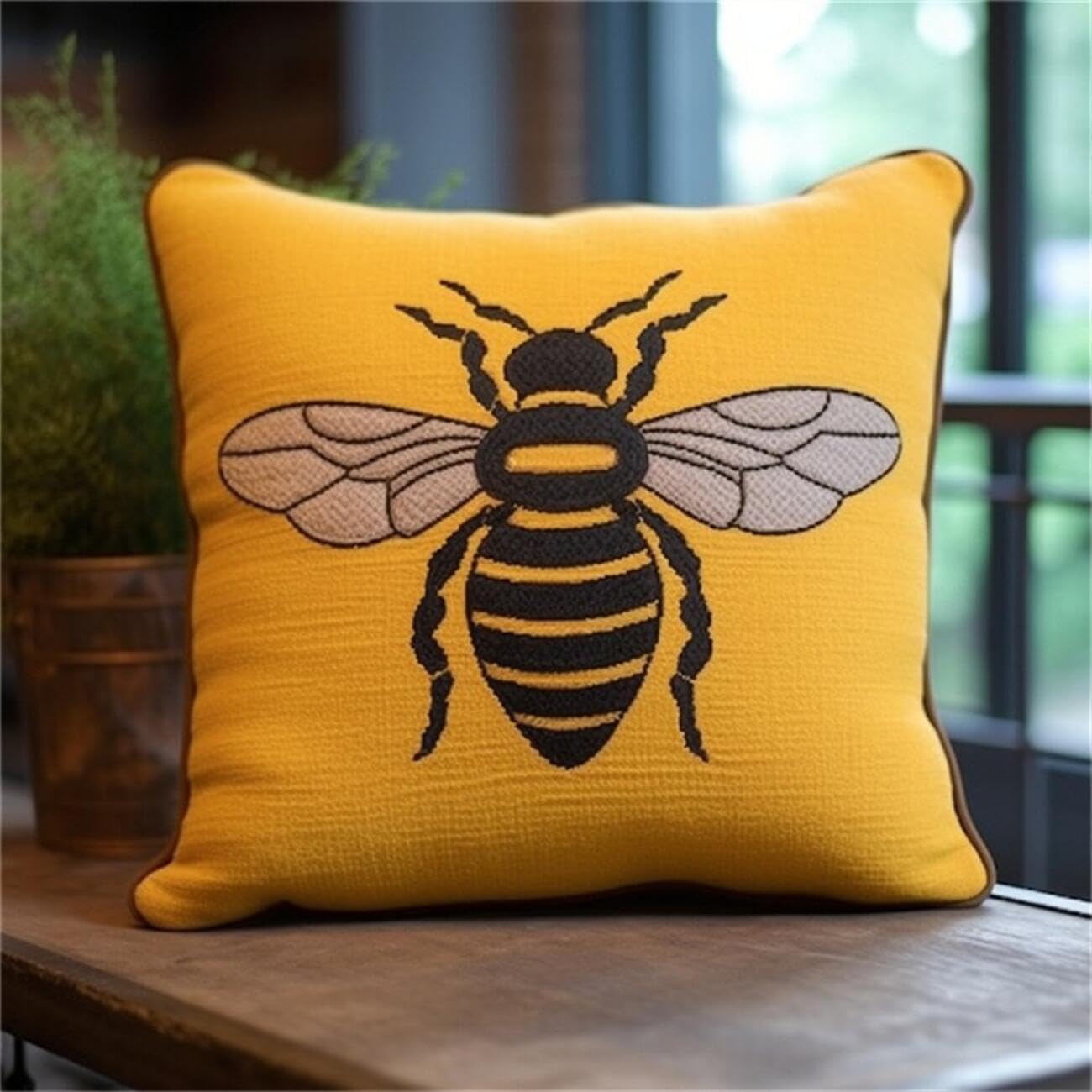 Henypt 9CT Cross Stitch Cushion Kit Cartoon Bee DIY Cushion Embroidery Kit Needlepoint Handmade Needlework Cushions Kits Stitched Pillow Cover Set for Adults Beginners 50x50cm