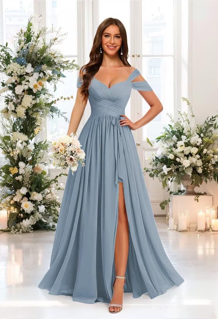 Stylefun Women's Off Shoulder Bridesmaid Dress with Belt Chiffon Ruched Formal Evening Gowns STN002