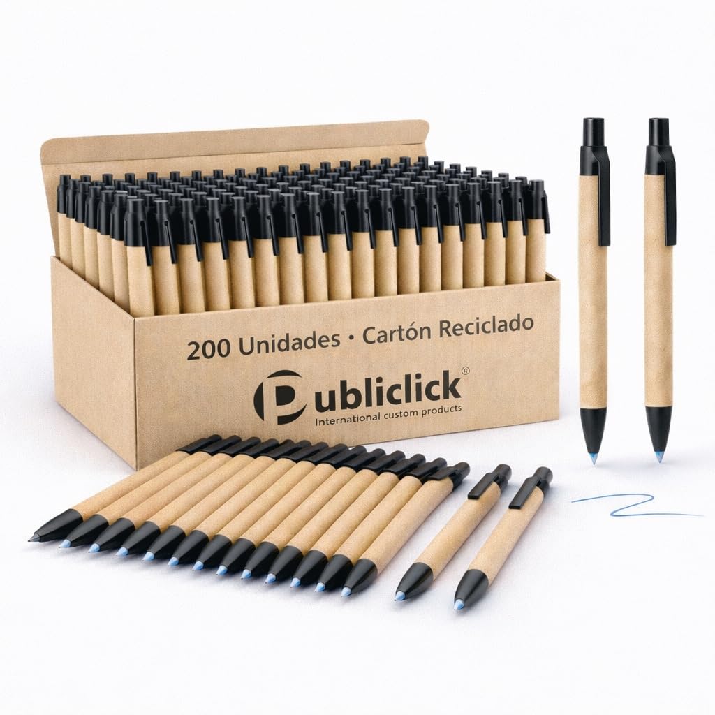 Pack of 200 ecological pens made of recycled cardboard – blue ink | Ideal for companies, events, promotions and schools, recycled cardboard/wheat cane accessories