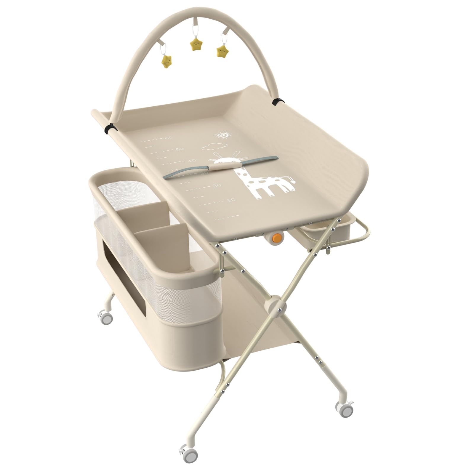 Cambiador de bebé plegable y ajustable en altura, Hasta 25 Kg, 0-36 Meses, Organizador de Pañales, Ruedas 360º con Freno, Arnés y Valla de Seguridad, Funda Lavable, 75 * 68 * 83-91 cm (B) Blanco roto