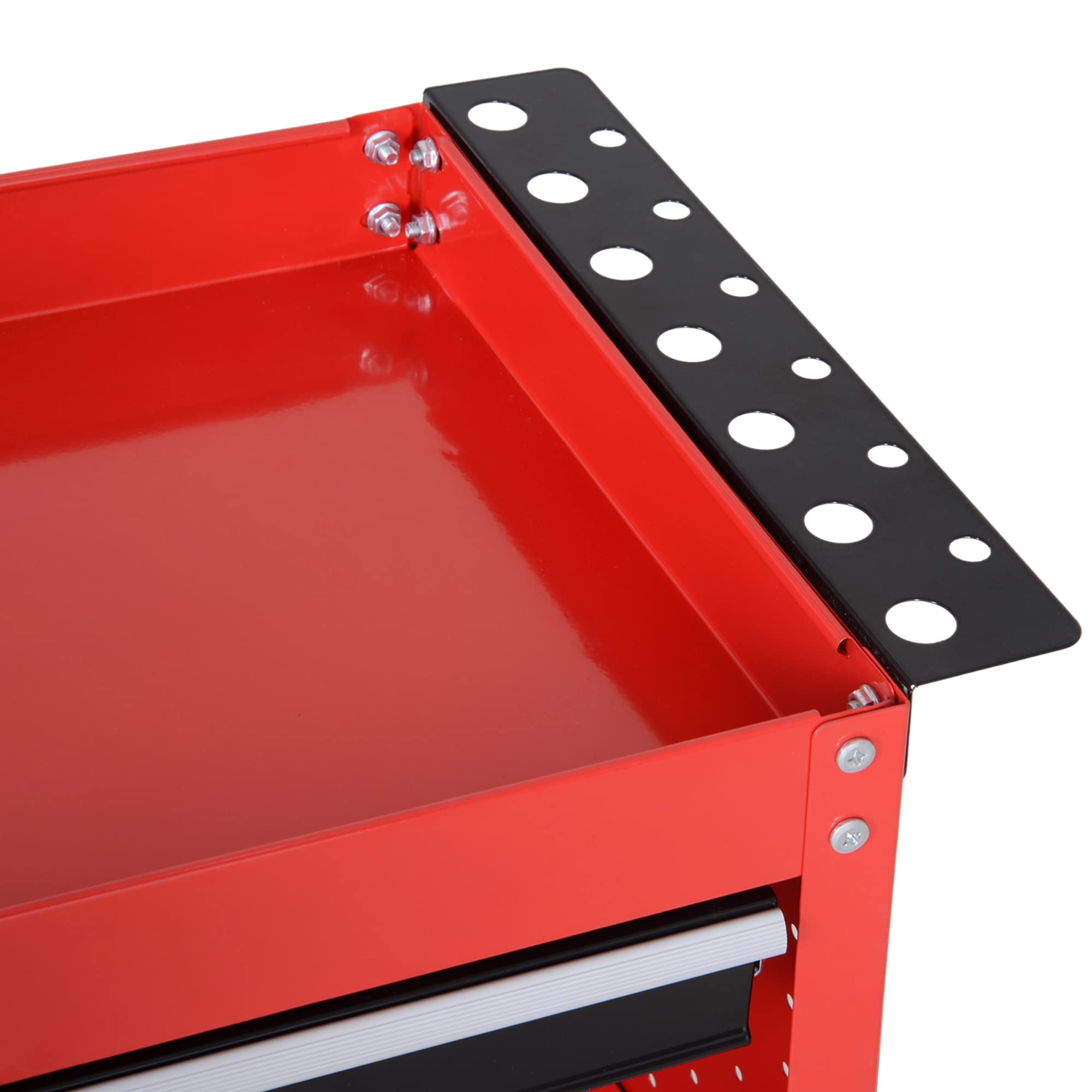 DURHAND Carrello Porta Attrezzi con Cassetto e 3 Ripiani, 4 Ruote, Lamiera di Acciaio, 82x35x76 cm, Rosso