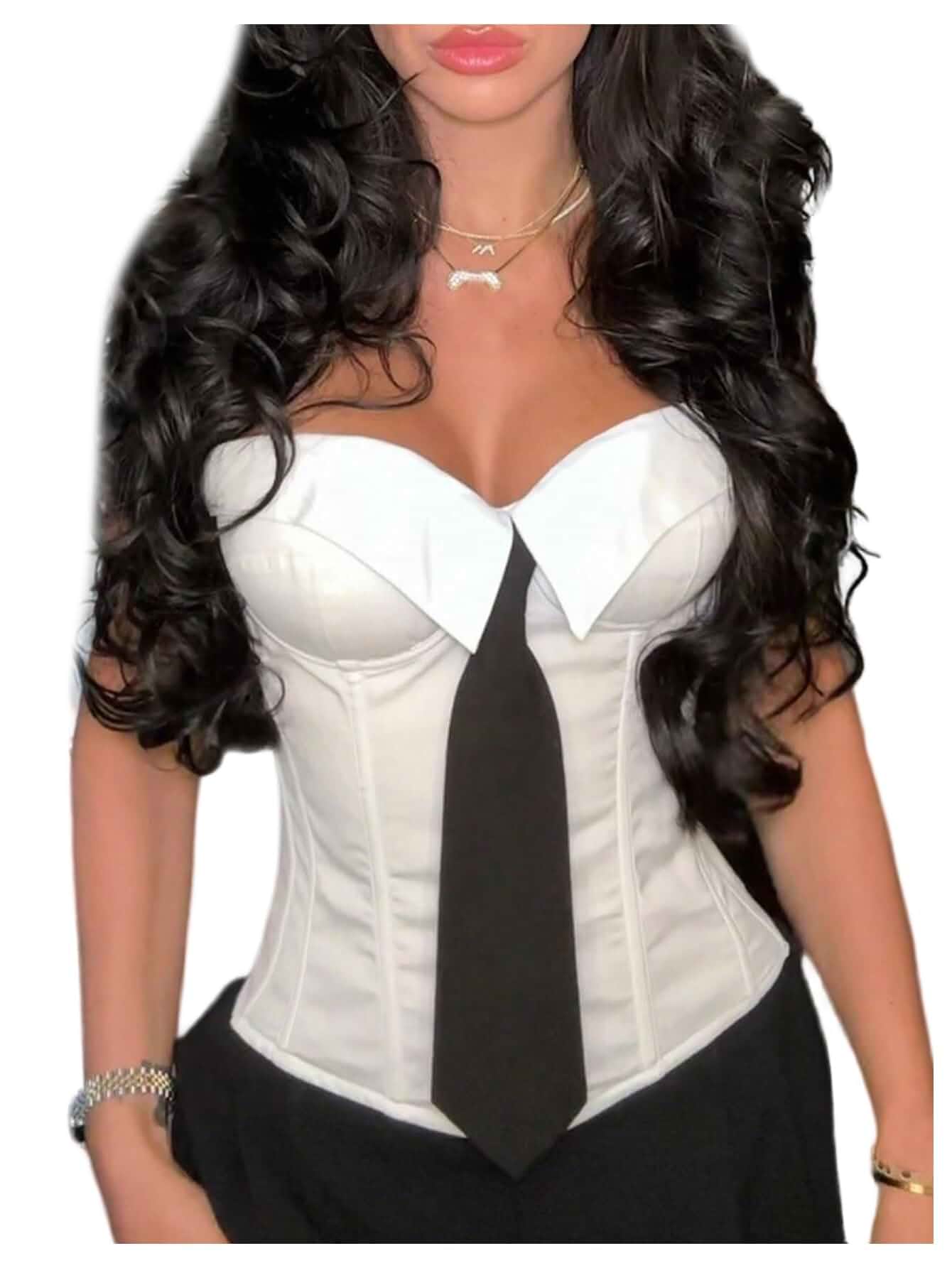WDIRARA Women's Foldover Lace Up Corset Bustier Top Sleevelss Strapless Crop Tube Tops with Tie