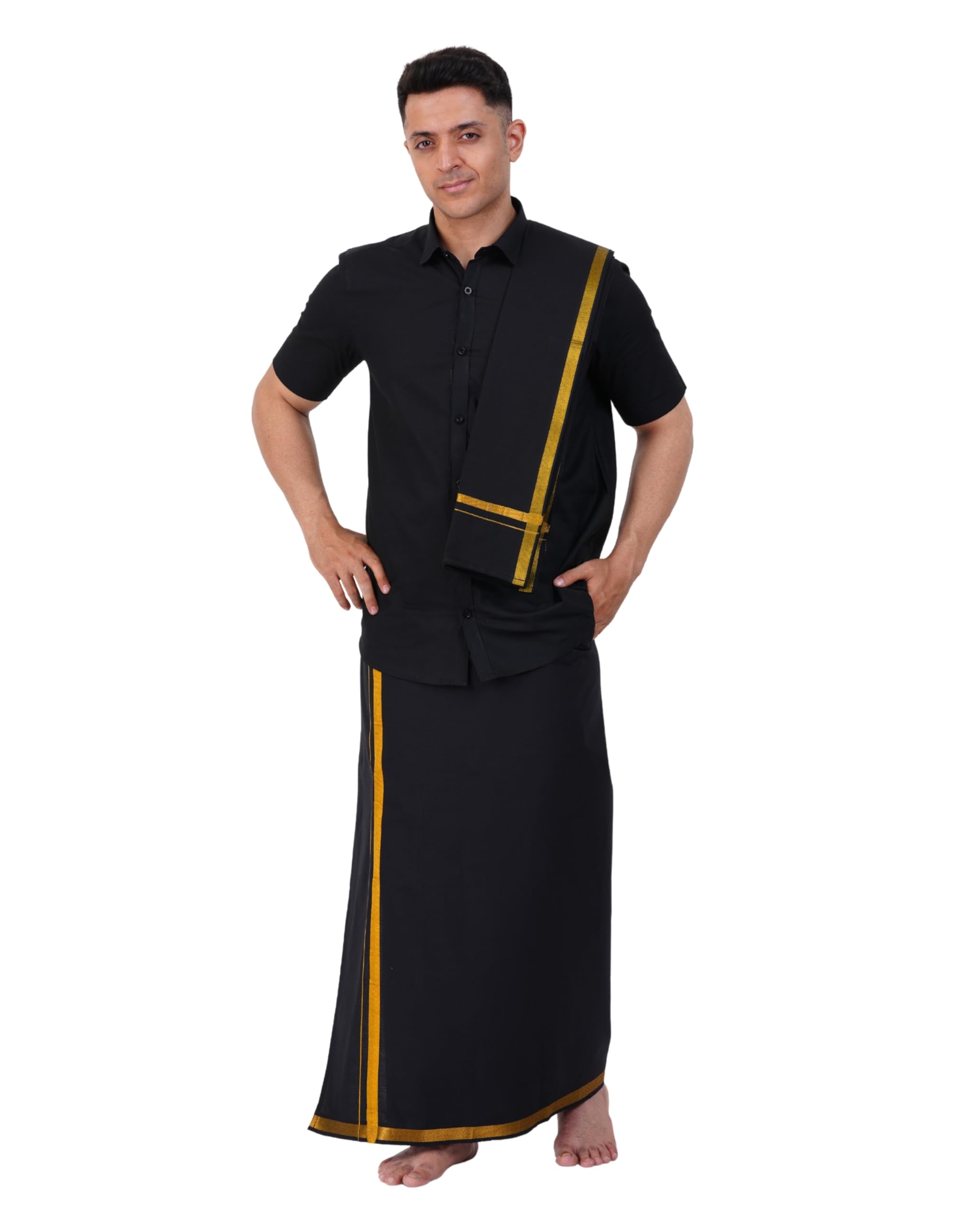 prakasam cotton Mens Flexi Readymade Black Jari Border dhoti + Half sleeve Black Shirt + Matching Black Jari border towel-picture-34