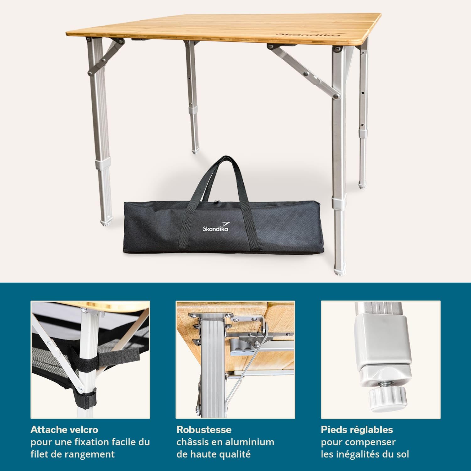Skandika Table de Camping en Bambou Tolja | Table Pliante, différentes Tailles, réglable en Hauteur, alu, Bois, résistante aux UV et intempéries | Table Pliable pour Jardin, Balcon (65 x 50 x 65 cm)
