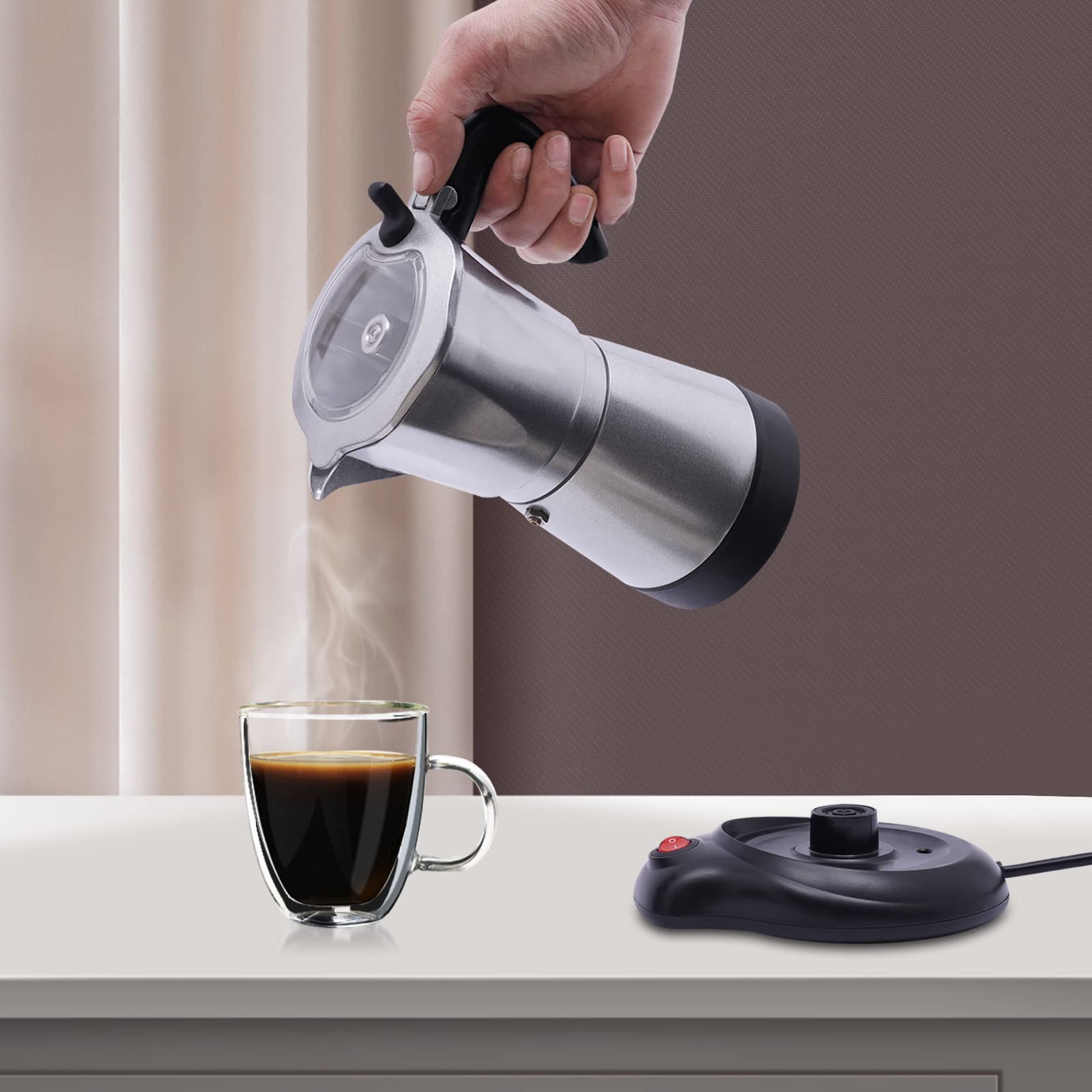 Cafetera Eléctrica Exprés, 6 Moca, Olla Italiana de 480 W Con Base, para Oficina y Hogar (Plata, 300 ml)