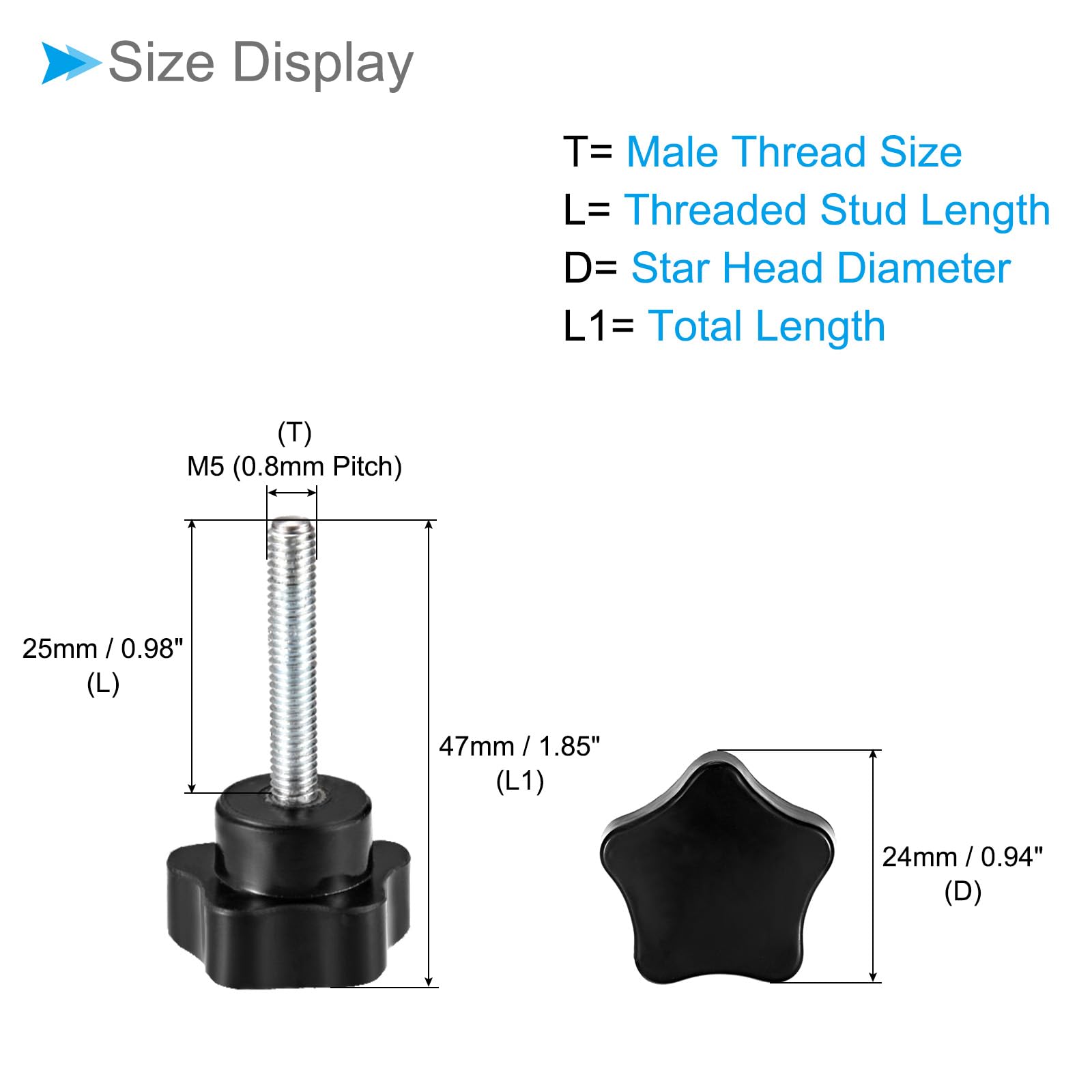 CoCud Star Clamping Knobs, M5 x 25mm Male Thread 24mm Head, Plastic Thumb Screw Grip Hand Knobs Threaded Bolt Black - Image 2