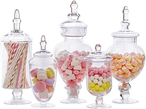 GRETD 5 botellas de almacenamiento de caramelos para postres y caramelos, recipientes de vidrio, cubiertos para decoración de mesa de boda, fiesta