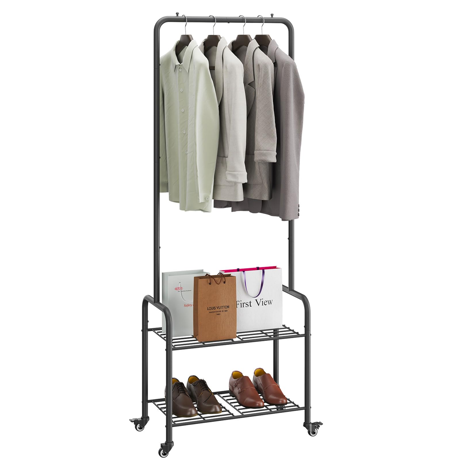 YMYNY Coat Rack, Clothes Rack Metal, Freestanding Garment Rack Trolley Rolling Cart on Wheels, Heavy Duty Clothing Rail, Cloth Hanger Display Stand With 2 Tier Storage Shelf 61×32×176CM Black HGR002B