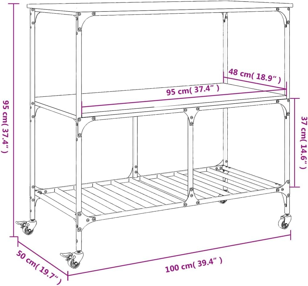 Kitchen Trolley Black Engineered Wood with Steel Frame 39.4"x19.7"x37.4" Rolling Kitchen Cart with Wheels for Storage and Mobility in Kitchen or Dining Area