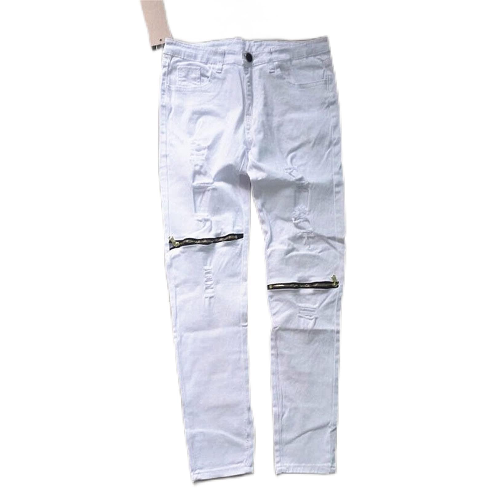 VooZuGn Jeans Strappati al Ginocchio con Cerniera Jeans da Uomo Hip-Hop  Street Style Pantaloni da Jogging in Denim Pantaloni Attillati  Invecchiatibianco : Amazon.it: Moda