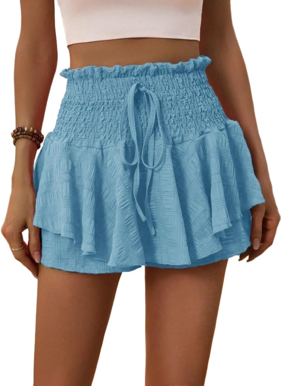 Women's Summer Trendy Comfy Women's Solid Color Elastic Waist Ruffle Hem Skort
