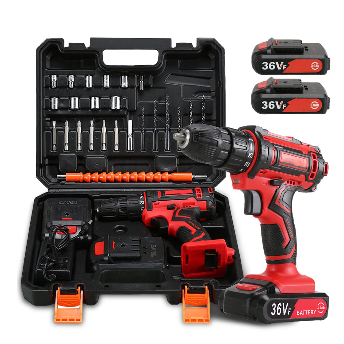 36V Cordless Drill 24-piece Kit, 2 Variable Speeds, 25+1 Torque Settings, 2 Batteries and Charger, Drill Machine for Home