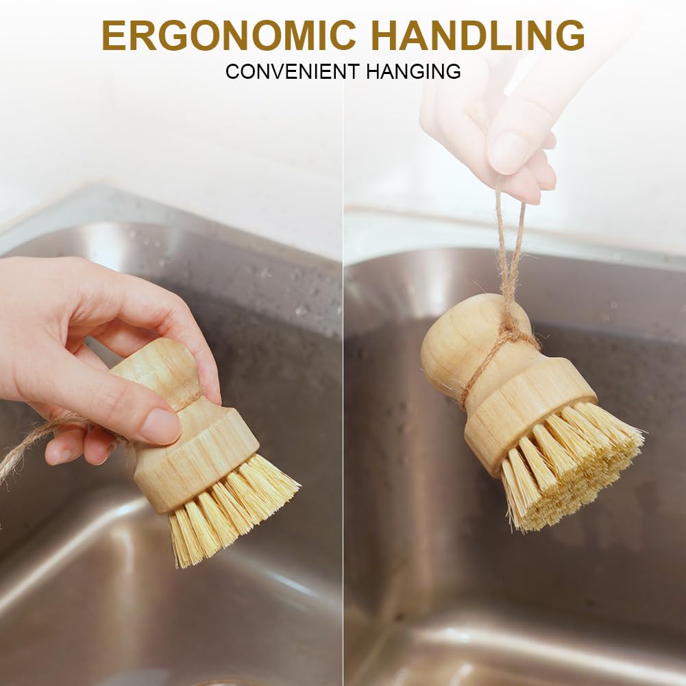 Set Di 3 Spazzole Per Pulizia In Bambù Naturale, Con Setole In Sisal. Ideali Per Pentole In Ghisa, Verdure E Superfici Della Cucina.