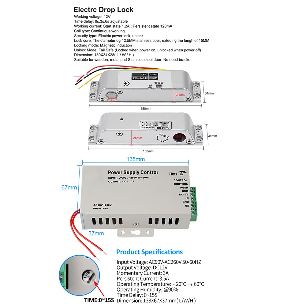Kit sistema di controllo accessi, tastiera RFID impermeabile IP68, serratura elettrica a catenaccio da 150/150 kg, 10 portachiavi