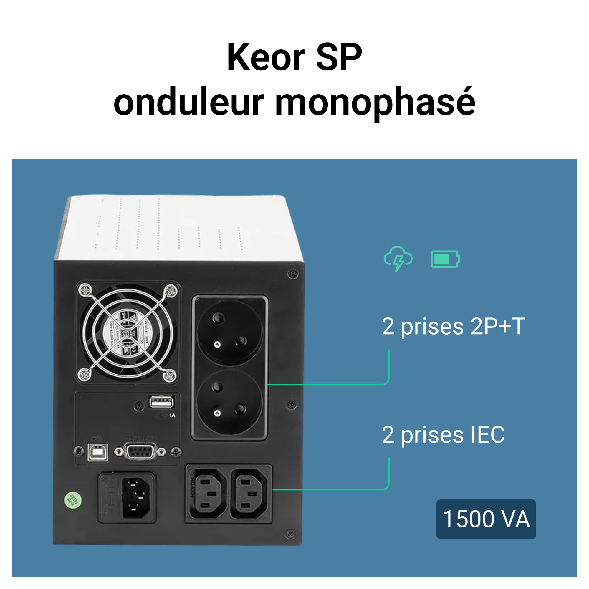 Legrand 310191 Onduleur Tour Keor SP Line Interactive 2 Prises 2P+T, 2 Prises Iec, Autonomie 5 à 30 Minutes, USB Port, 1500VA, 900W, Noir/Blanc