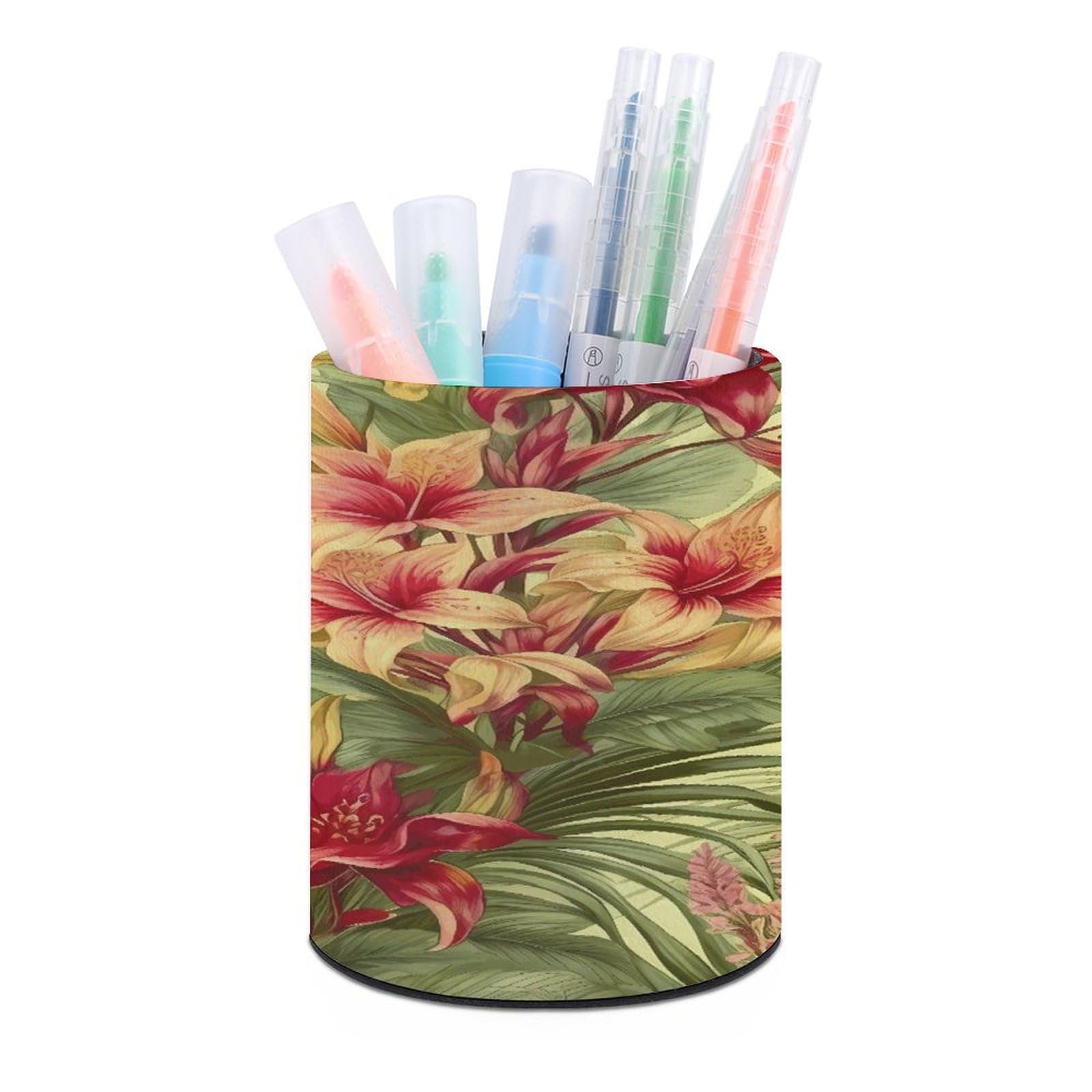 FekiLoot PU Leather Round Pen Holder Tropical Palm Flower Pencil Holder Desk Organizer Pen Organizer Pen Cup Pencil Cup Caddy Desktop Stationery Organizers for Office Home Supplies
