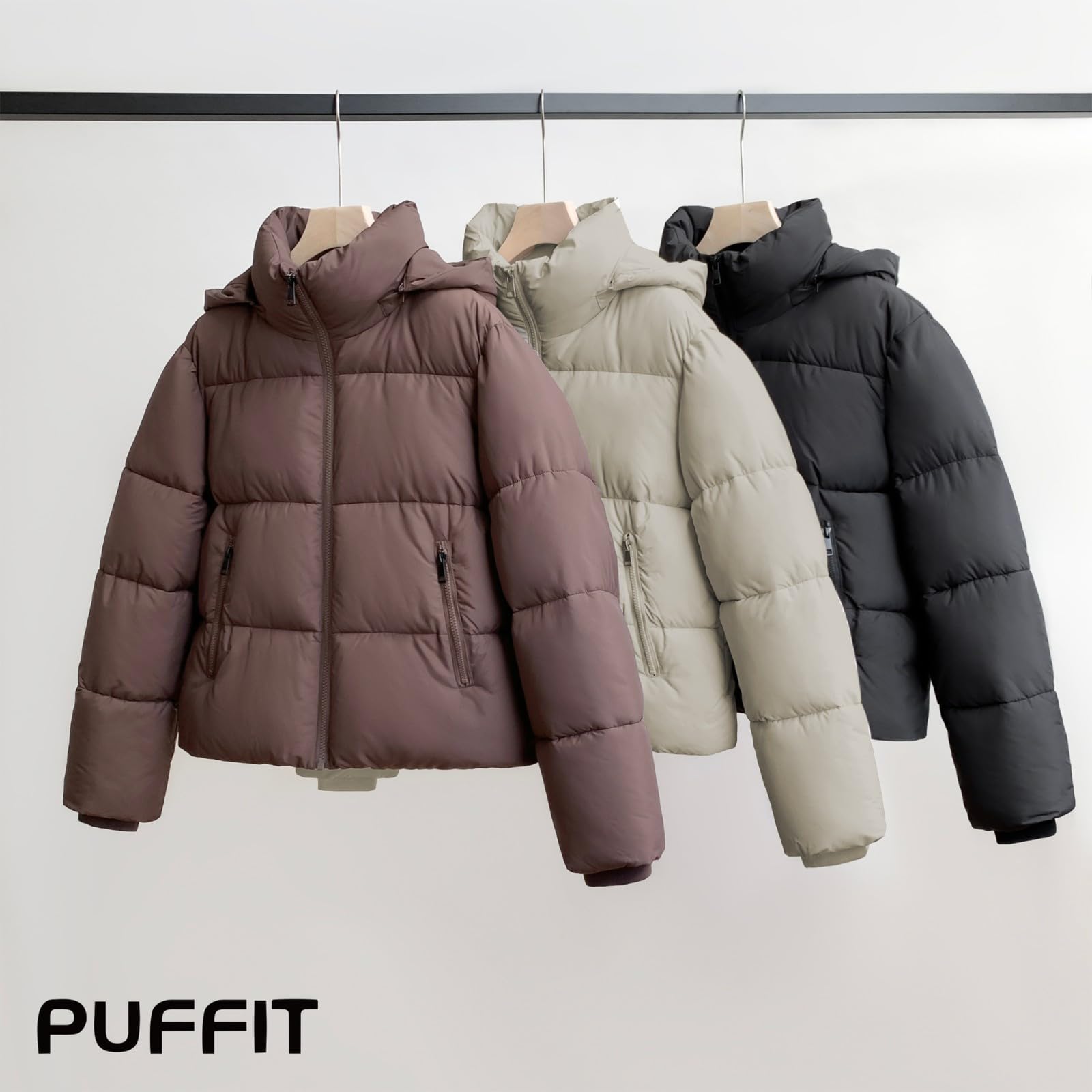 PUFFIT Doudoune courte pour femme, veste d'hiver chaude avec capuche amovible, poches zippées, manteau court matelassé pour femme