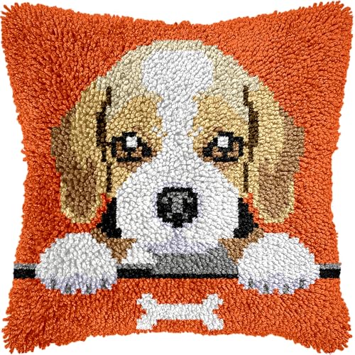 Image of veirousa Beagle Puppy Latch Hook Kits for Adults Kids, Beginners DIY Throw Pillow Kit Pre-Printed Mesh Canvas Hook and Latch Rug Kits Cross-Stitch Cushion Cover for Home Sofa Decoration 17x17 in.