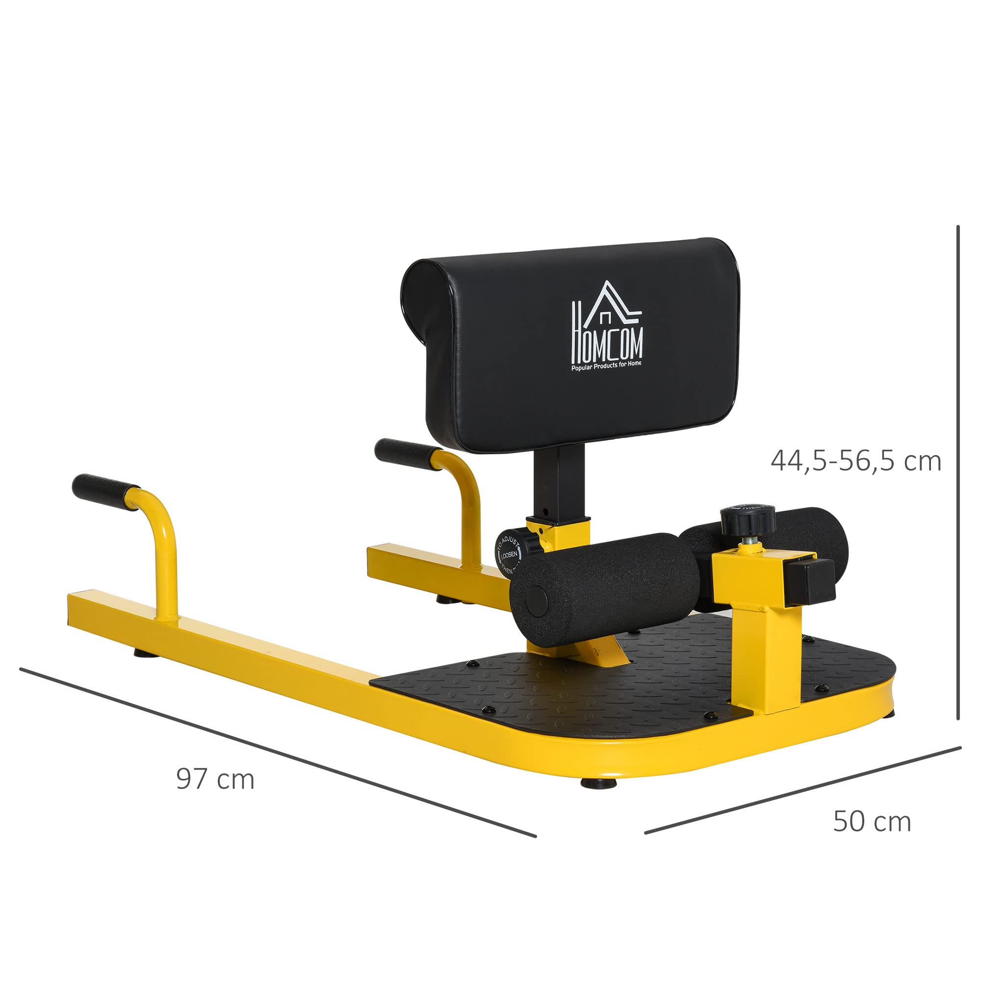 HOMCOM 3-en-1 Máquina Equipo de Sentadilla Ejercicios Abdominales Amarillo | Tablero Supino Multifuncional, Máquina de Piernas, Ayuda en Cuclillas