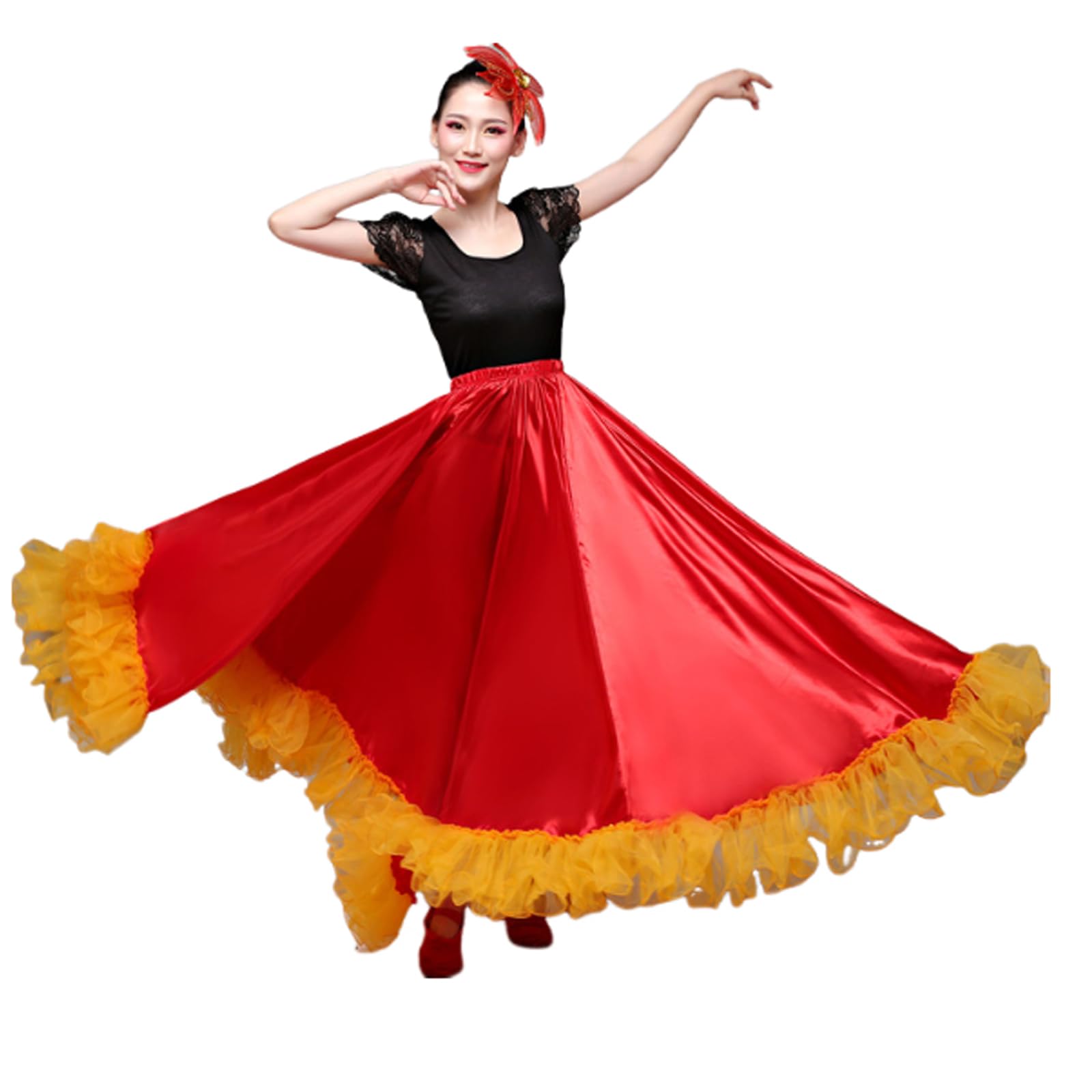 Damen-Abschlussball-Chiffon-Bauchtanzrock, Karneval, böhmischer Flamenco-Ballsaal, Stierkampf, Langer Swing-Rock,1 red 720°,One Size