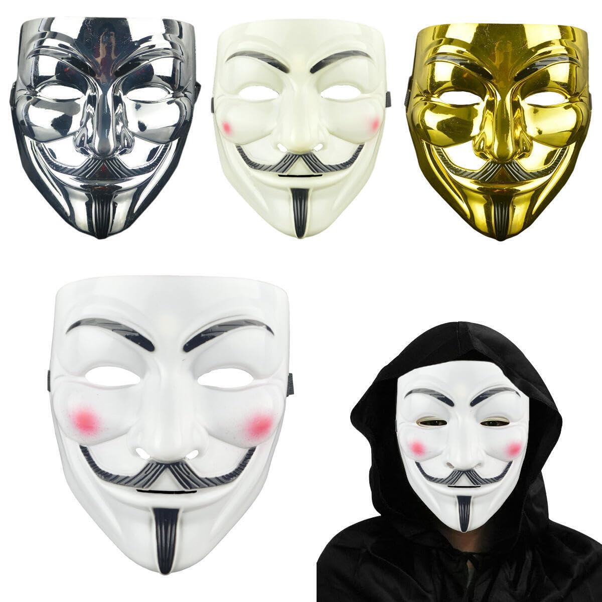 Goodern 4 Pack V for Ven-de-tta Guy Mask,Halloween Mask,Prop Bar Party Masks Unisex,Anonymous Hacker Face Mask for Kids Women Men,Halloween Costume Cosplay Party Mask for Halloween Cosplay Party