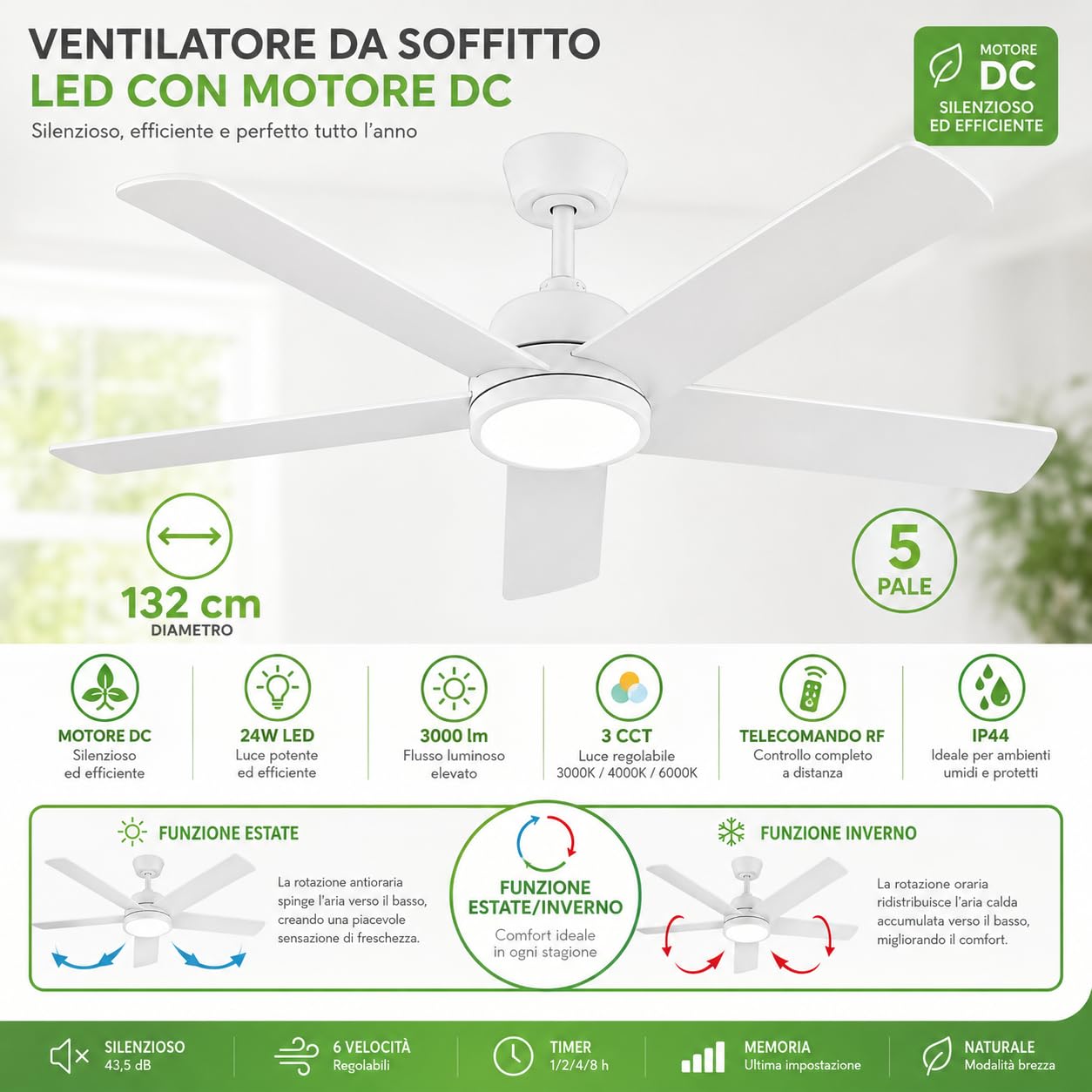 ON FREDO Ventilatore da Soffitto con Luce LED Regolabile, per Interno e Esterno, Motore Silenzioso e Telecomando - Bianco