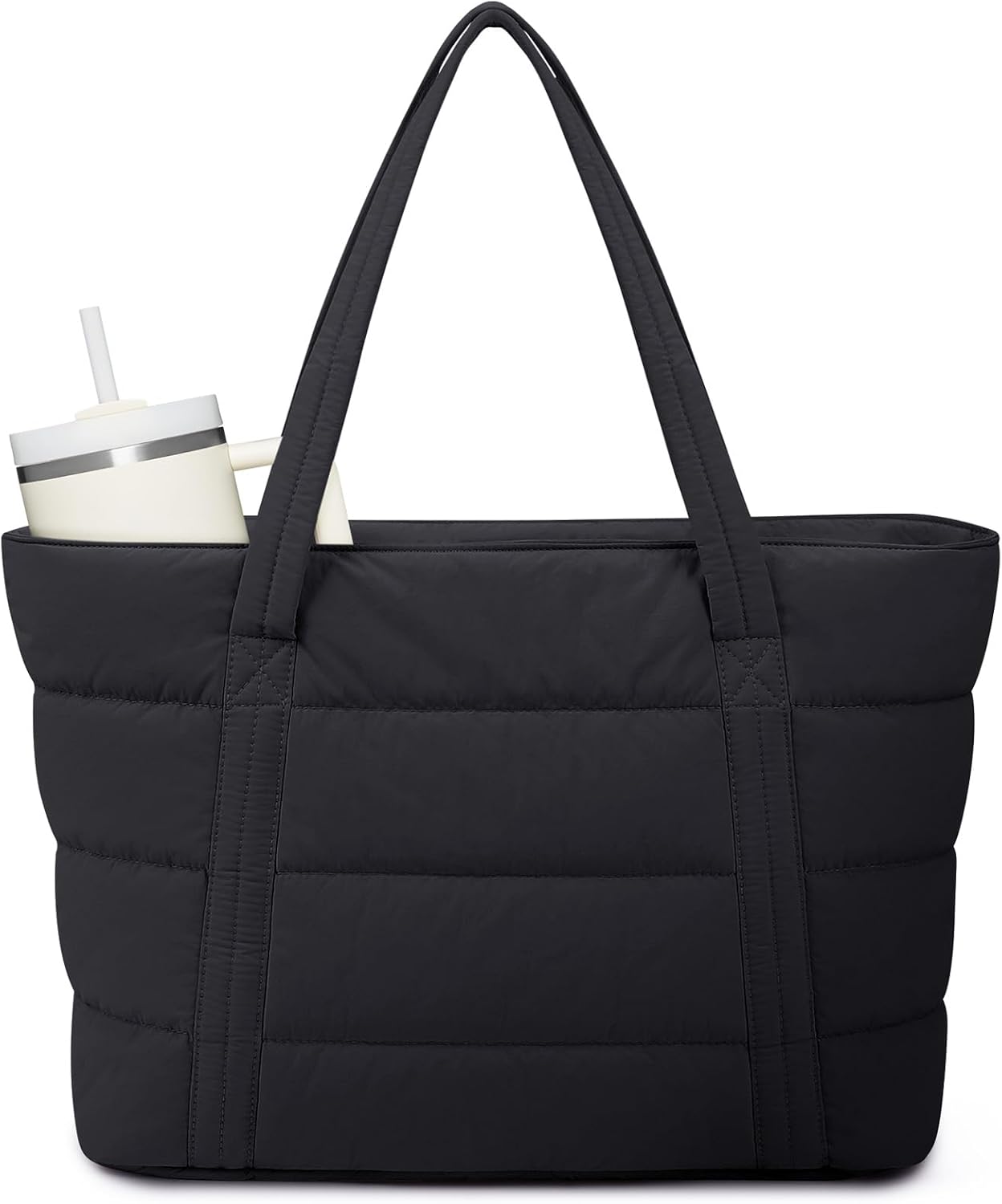 Narwey Puffer Tote Bag for Women with Cup Holder & Laptop Compartments, Quilted Puffy Travel Work Tote Bags for Nurse Teacher
